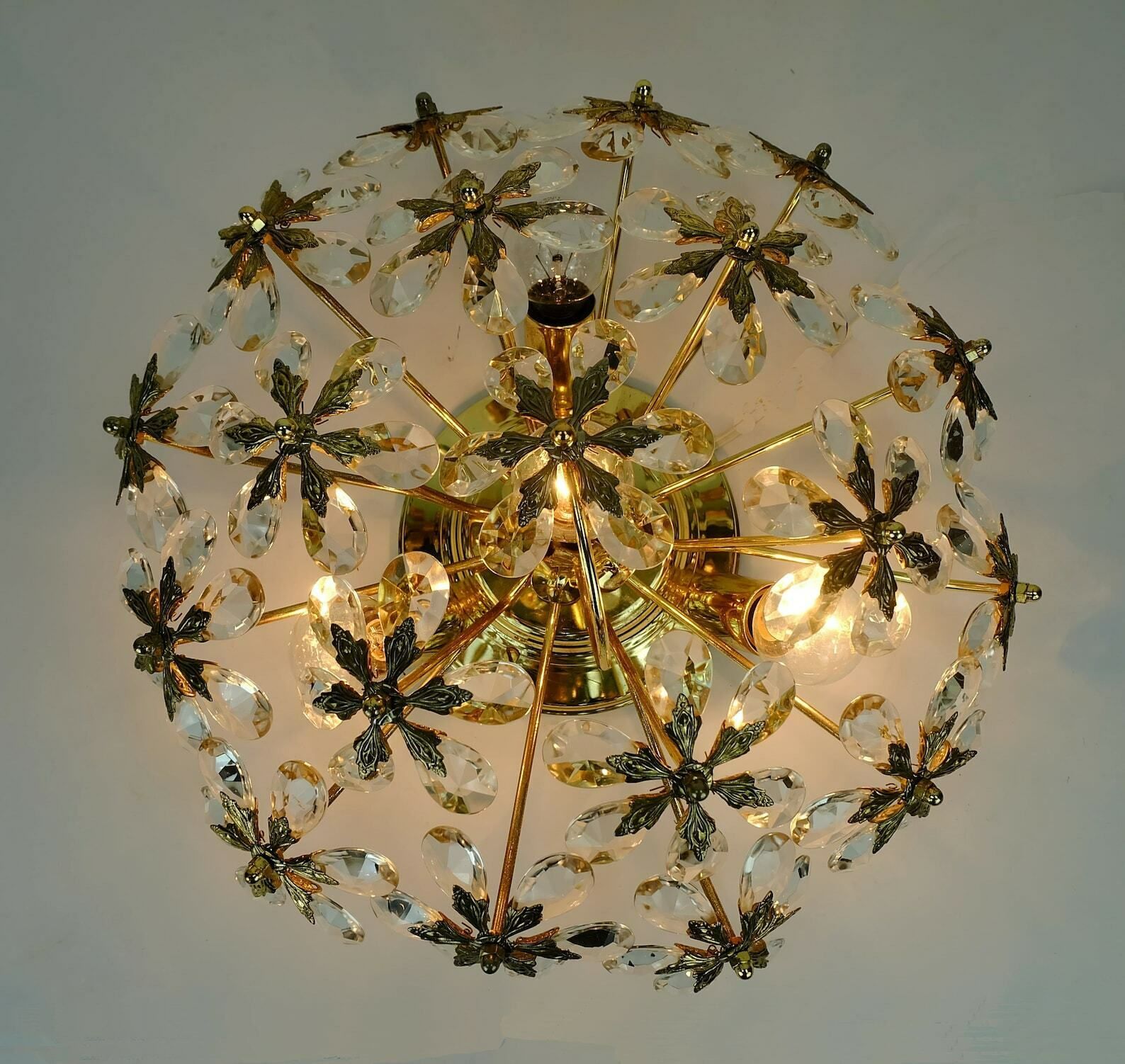 Palwa Ceiling Fixture Glass Blossom Light 1970s Flush Mount Glass Crystals And Gilt Brass photo furniture