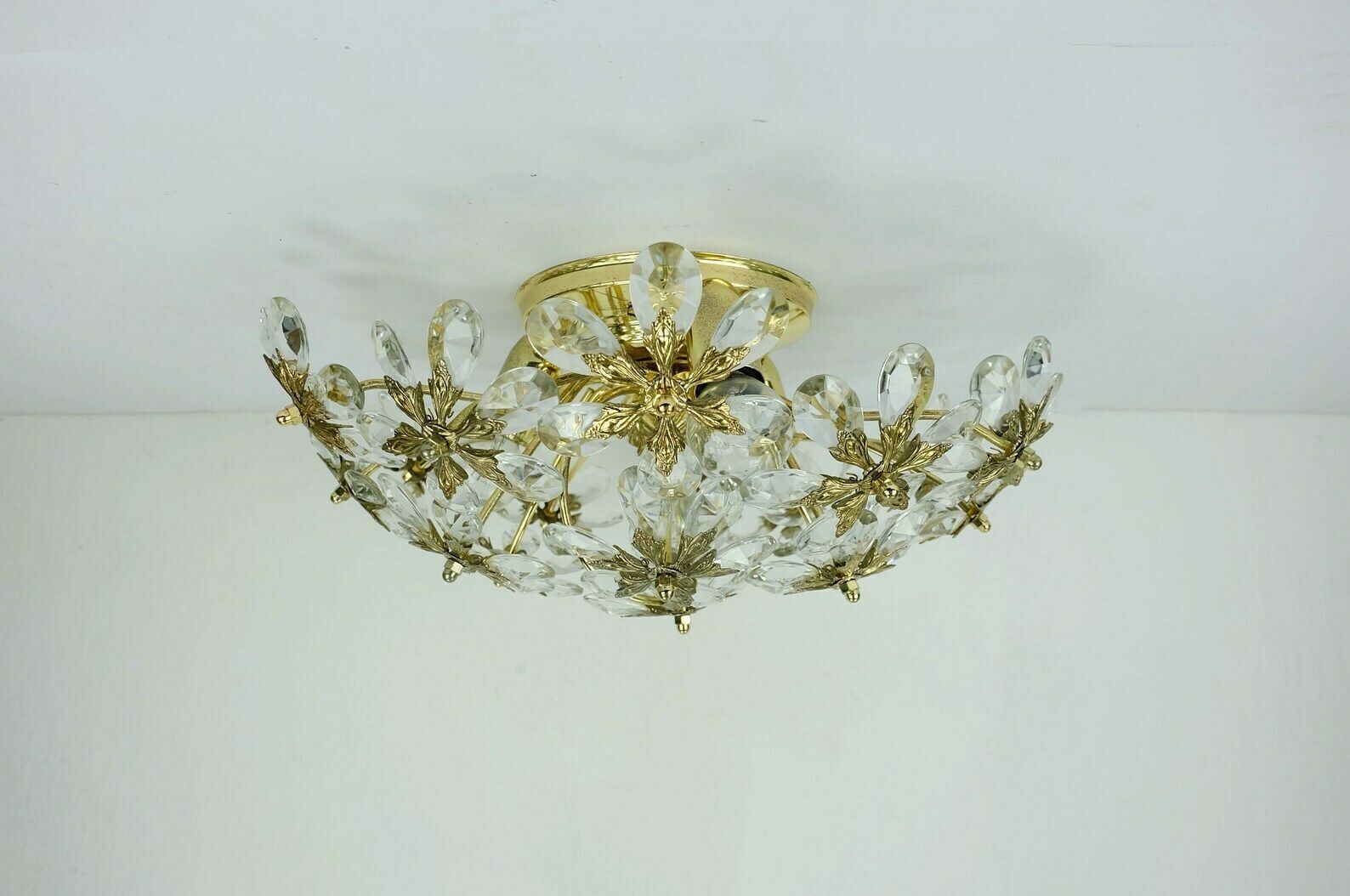 Palwa Ceiling Fixture Glass Blossom Light 1970s Flush Mount Glass Crystals And Gilt Brass photo for sale