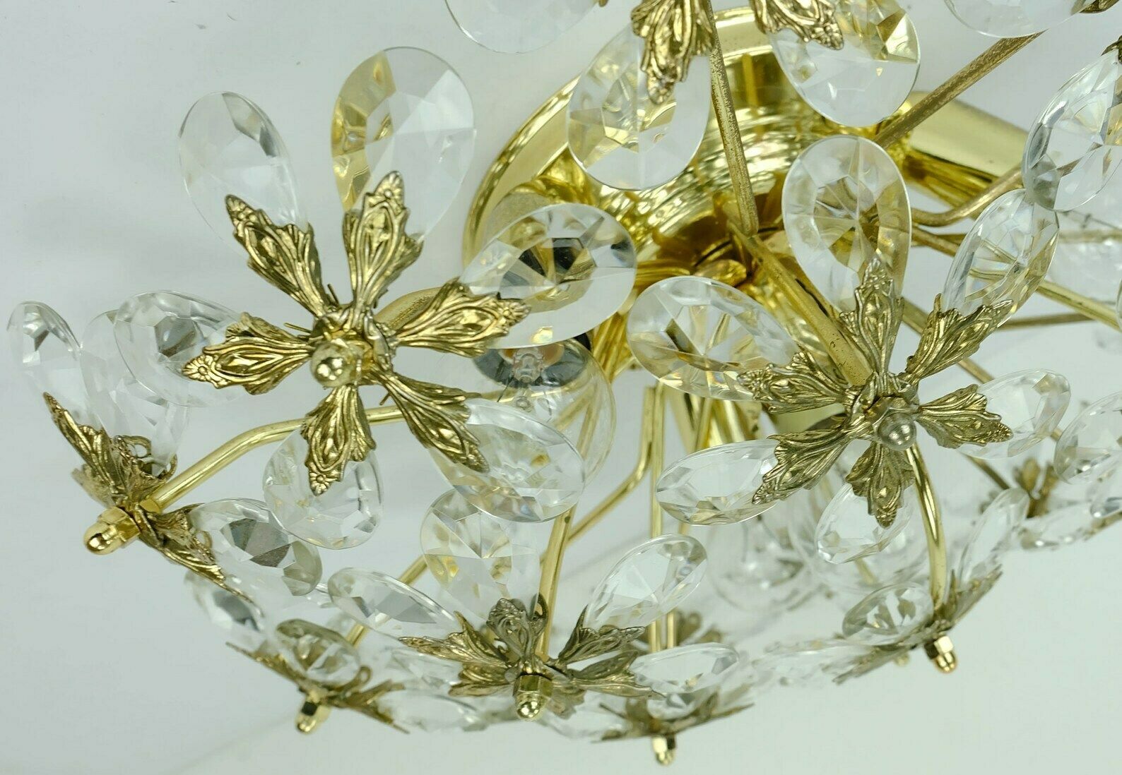 Palwa Ceiling Fixture Glass Blossom Light 1970s Flush Mount Glass Crystals And Gilt Brass photo 862.1485