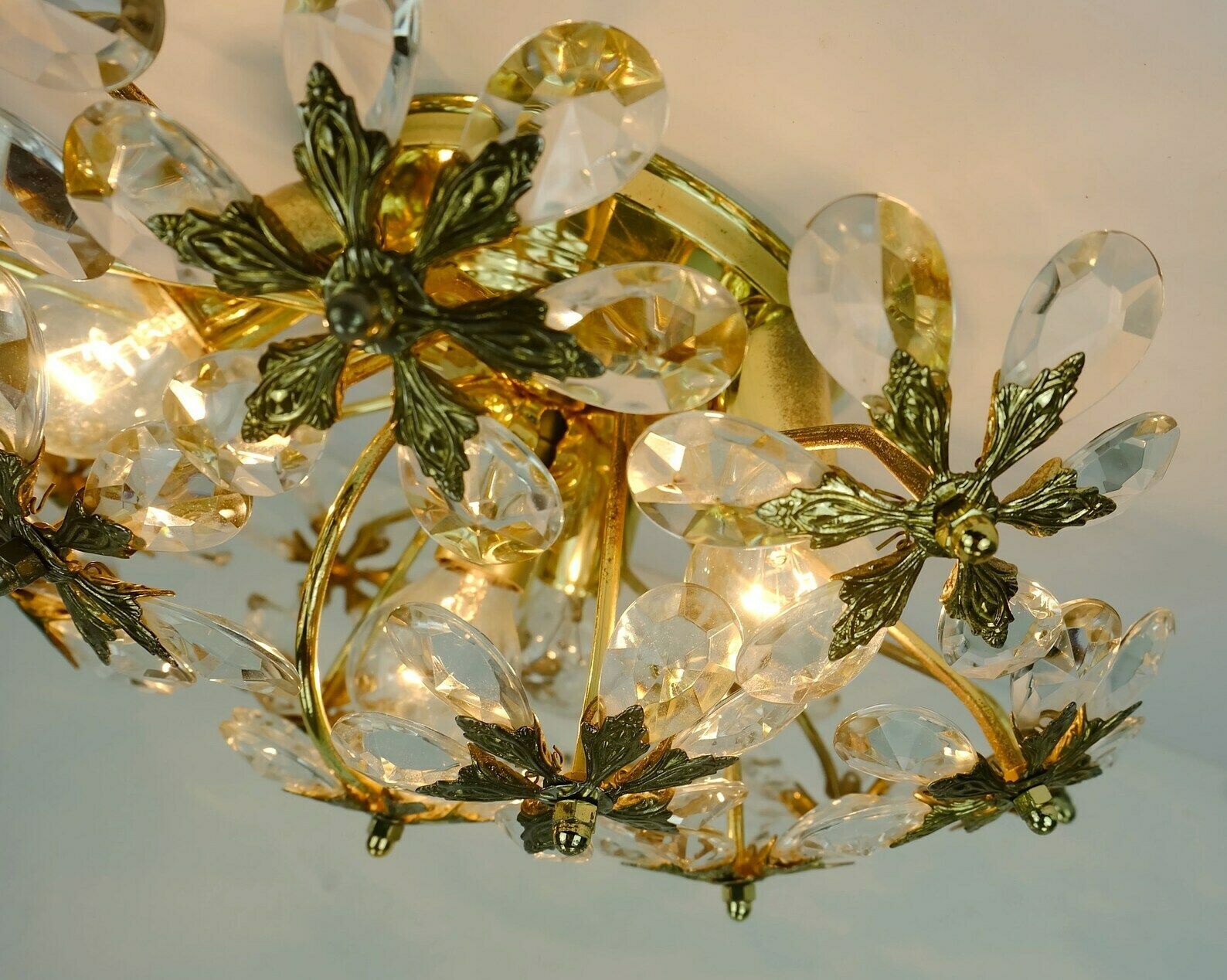 Palwa Ceiling Fixture Glass Blossom Light 1970s Flush Mount Glass Crystals And Gilt Brass photo vinterior