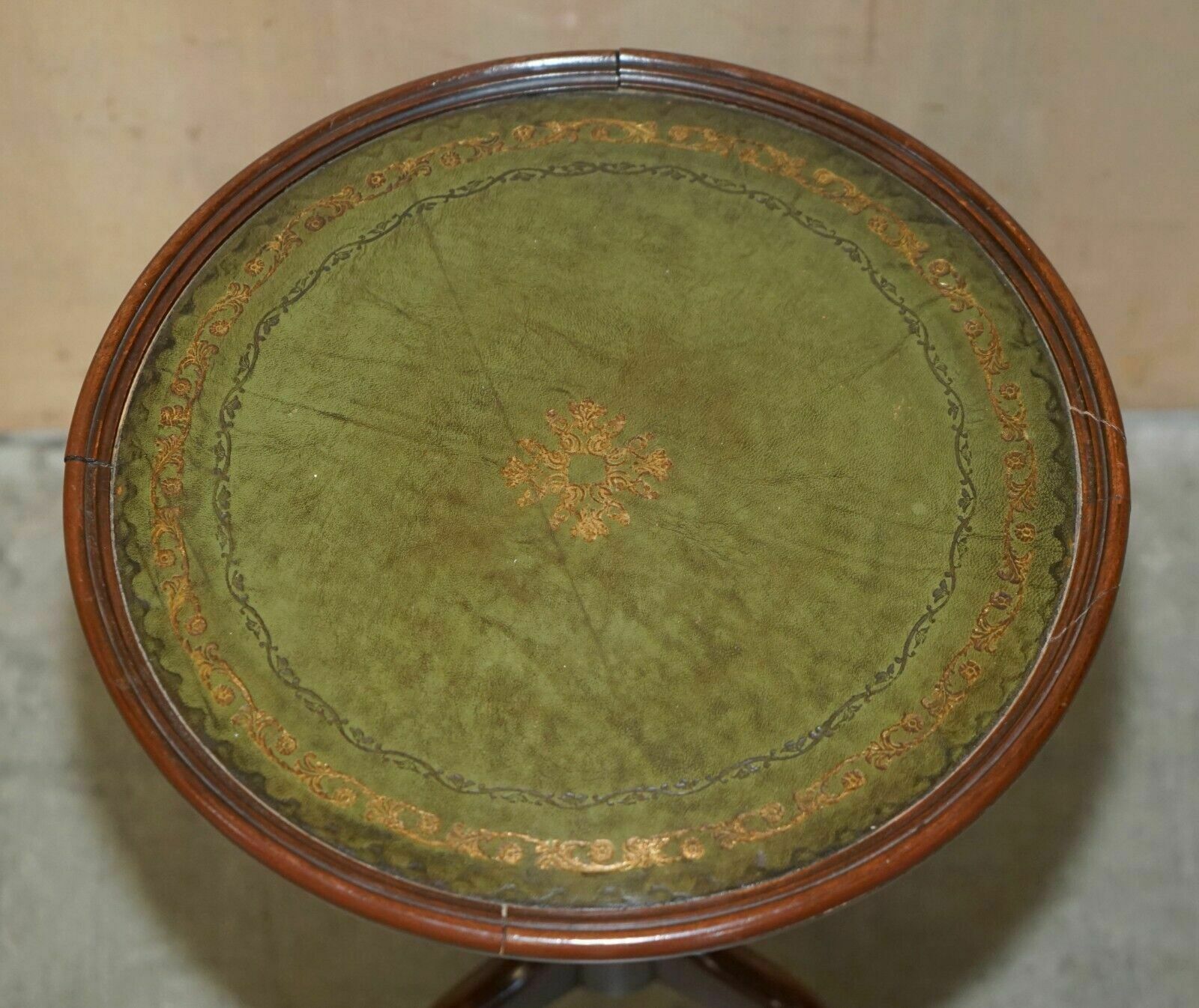 photo for sale Vintage 1930's Mahogany Heritage Green Leather Tripod Side End Lamp Wine Table