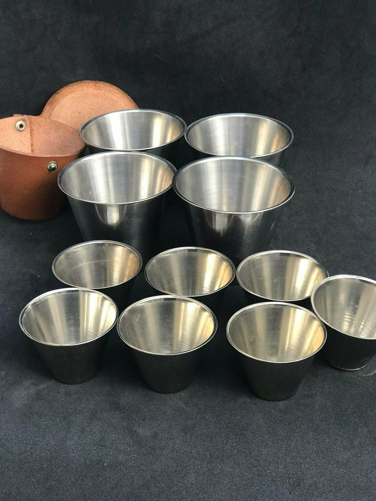 Stirrup Cups Set Mid Century Denmark Stainless Steel, Ria Hunting Cups Travel Beakers, Glasses Brown Leather Holder Gift For Him photo for sale