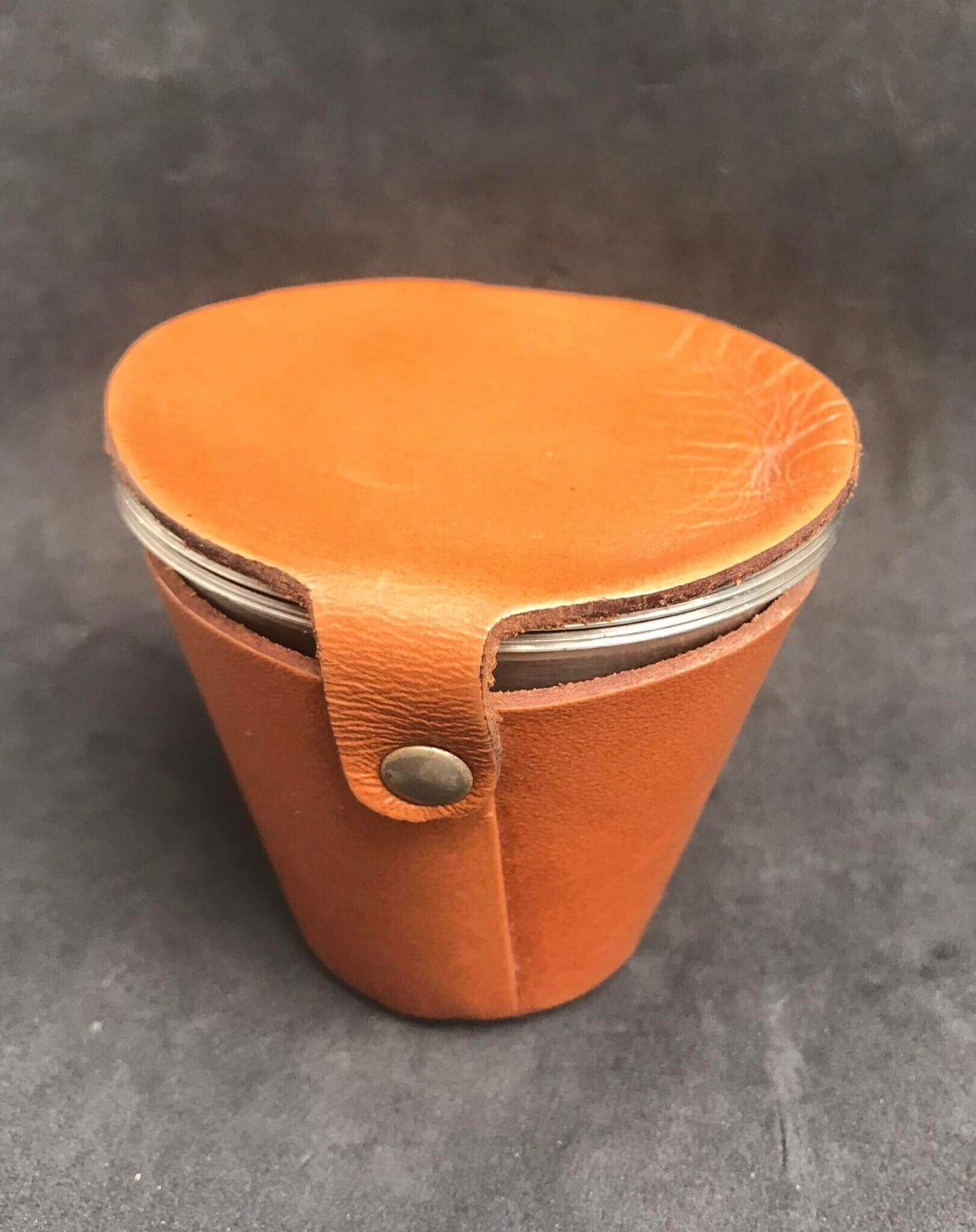 Stirrup Cups Set Mid Century Denmark Stainless Steel, Ria Hunting Cups Travel Beakers, Glasses Brown Leather Holder Gift For Him photo vinterior