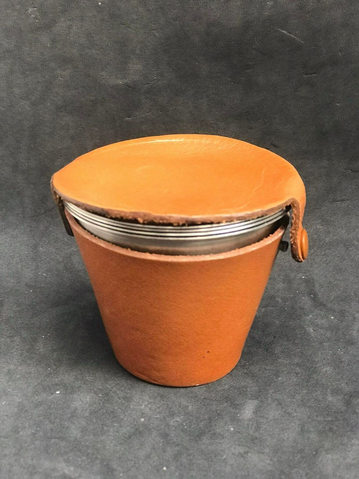 photo for sale Stirrup Cups Set Mid Century Denmark Stainless Steel, Ria Hunting Cups Travel Beakers, Glasses Brown Leather Holder Gift For Him