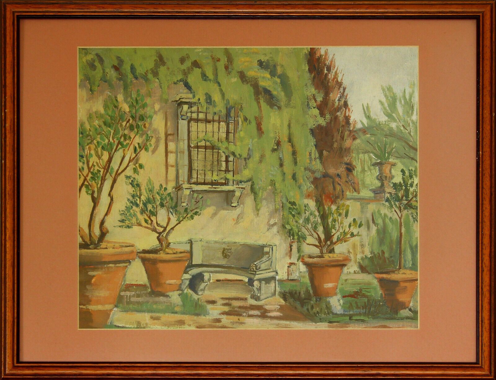 Oil By Harold Edward Collin. Mediterranean Garden Scene With Potted Olive Plants