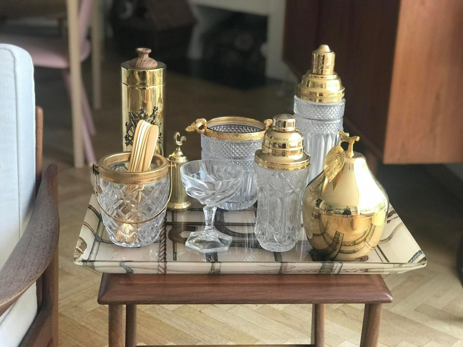 Ice Bucket Heavy Molded Glass French With Golden Metal Handles Mid Century Barware Mixology Tools Bar Cart Hollywood Regency Man Cave Gift photo 195.0