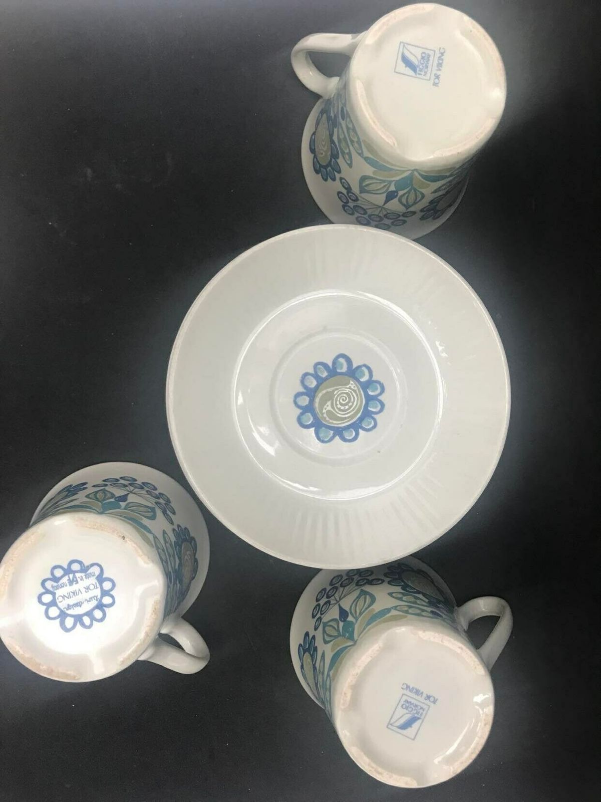 photo for sale Figgjo Flint 3 Coffee Cups And 4 Saucers By Turi Gramstad Oliver, Tor Viking Pattern Tea Creamer Milk Pot Kitchen Norvegian Design Table