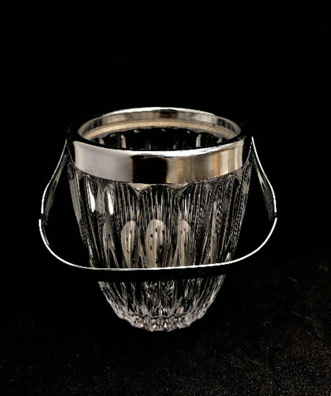 Crystal Cut Ice Bucket 50s Carved Metal, Mid Century Heavy French Bar Accessory Bar Cart Decor Gift For Him Bartender photo vintage