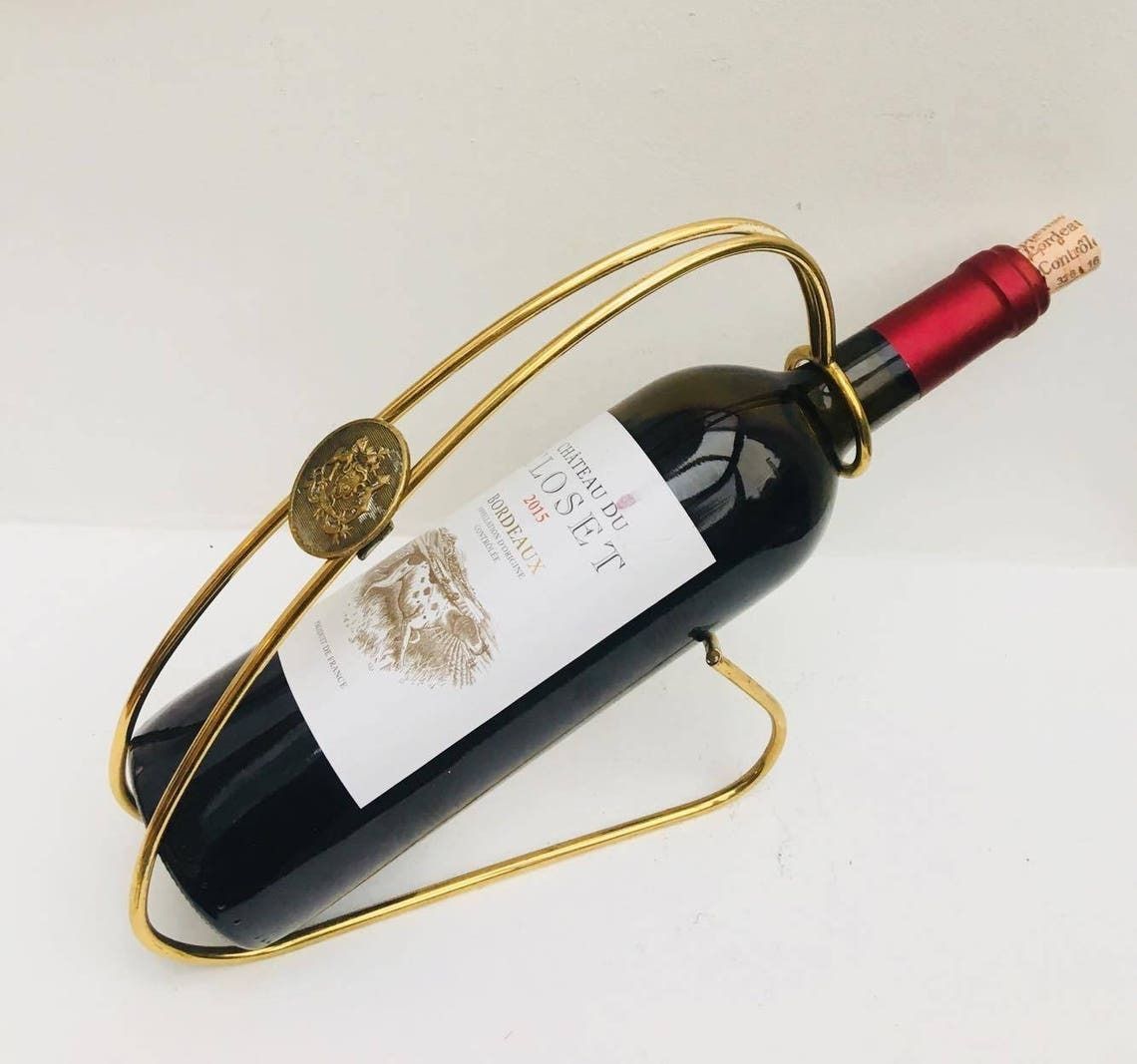 Brass Wine Stand Vintage Italian Vintage Wine Bottle Holder Brass Serving Wine, Vintage Brass Wine Carrier Mid Century Modern 50's 60's photo for sale