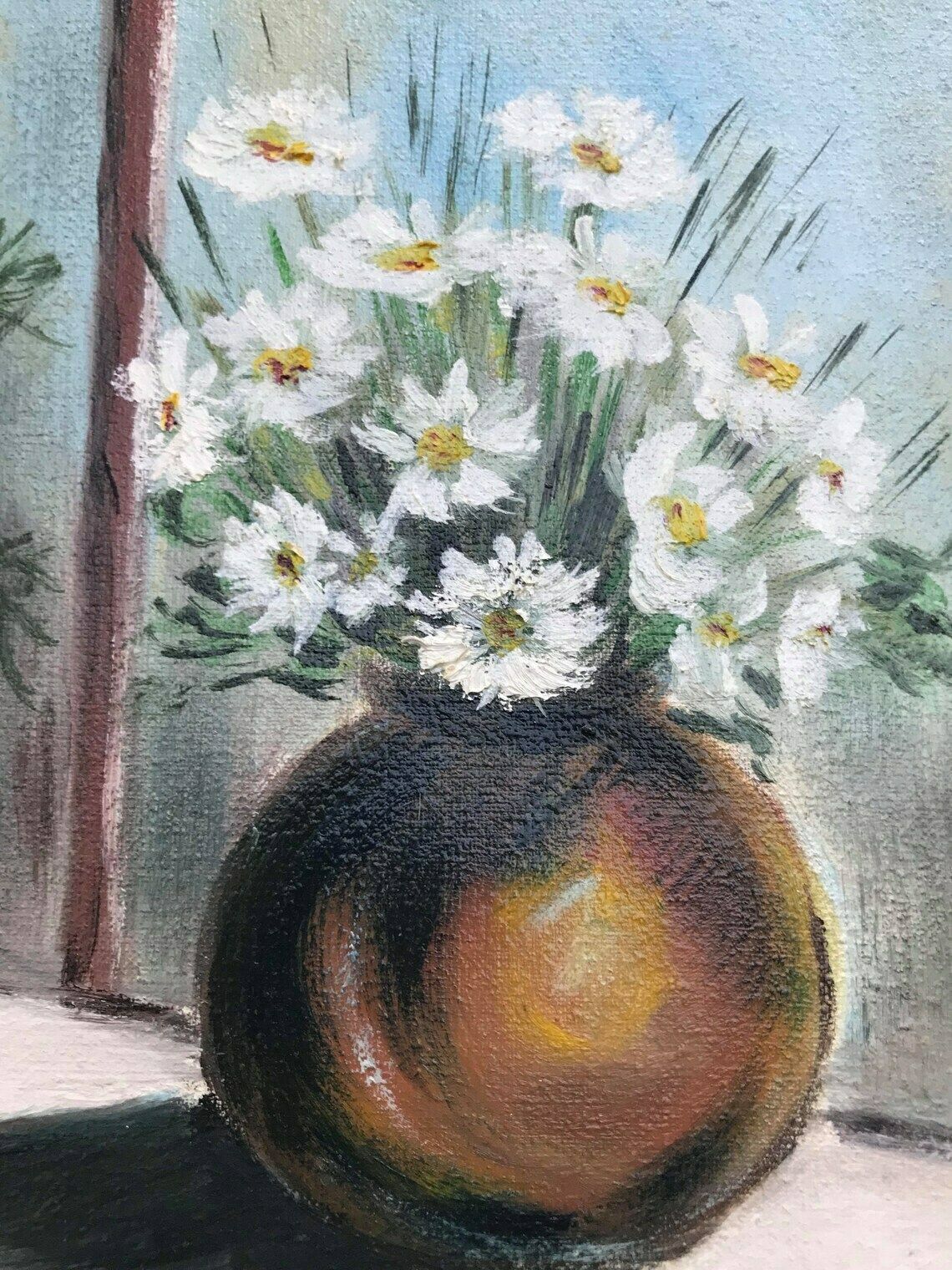 Oil Painting Original Framed Still Life Bouquets Daisy French Vintage Wall Art Bouquet Flowers Acqua Blue Vase Shabby Chic Decor Golden photo Art