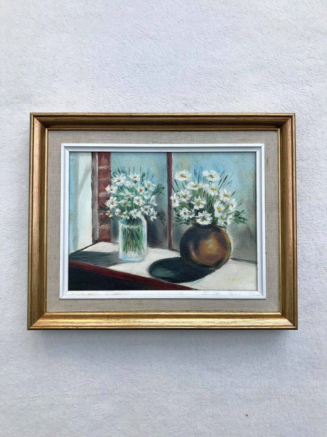 Oil Painting Original Framed Still Life Bouquets Daisy French Vintage Wall Art Bouquet Flowers Acqua Blue Vase Shabby Chic Decor Golden photo buy