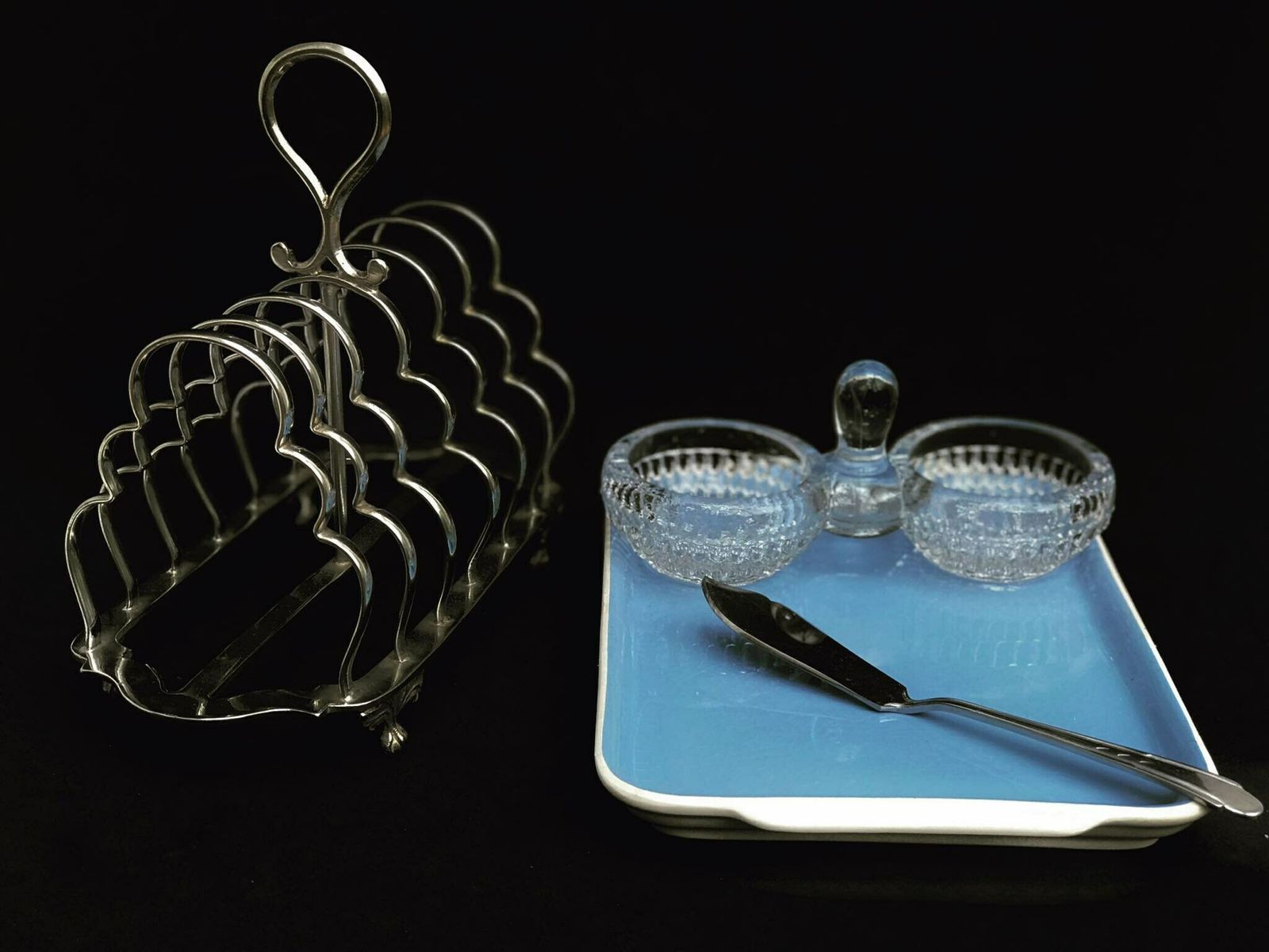 Vintage Breakfast Set, Mid Century Modern, Toast Holder Boch Butter Dish Pepper Salt Mcm photo for sale
