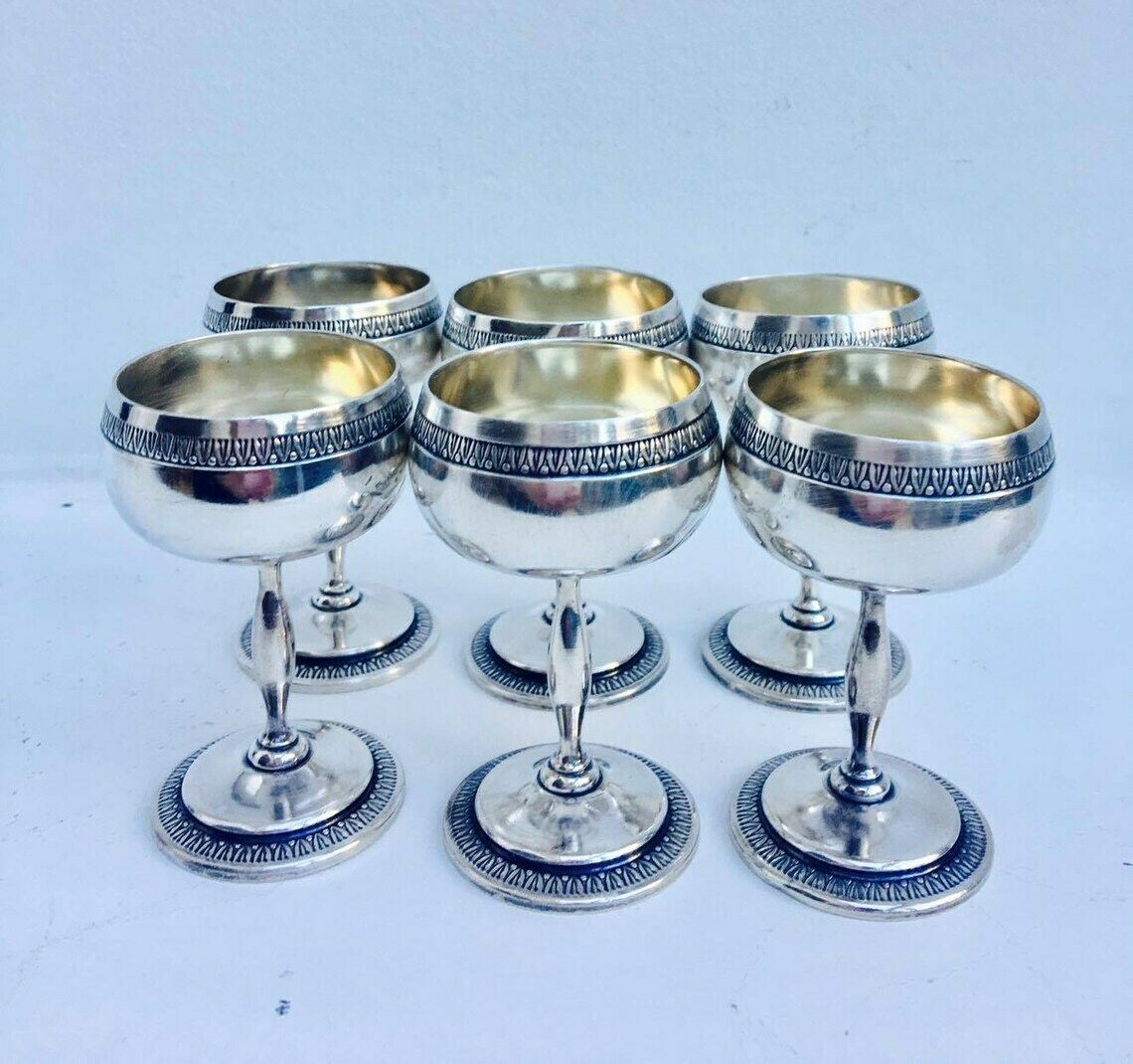 Six, Liqueur Glasses, Metal Shot, Glass, Set Tequila Shots, Silvered Metal Liqueur Service Louis XVI Metal Shot Glass Set, Bar Accessorie photo for sale