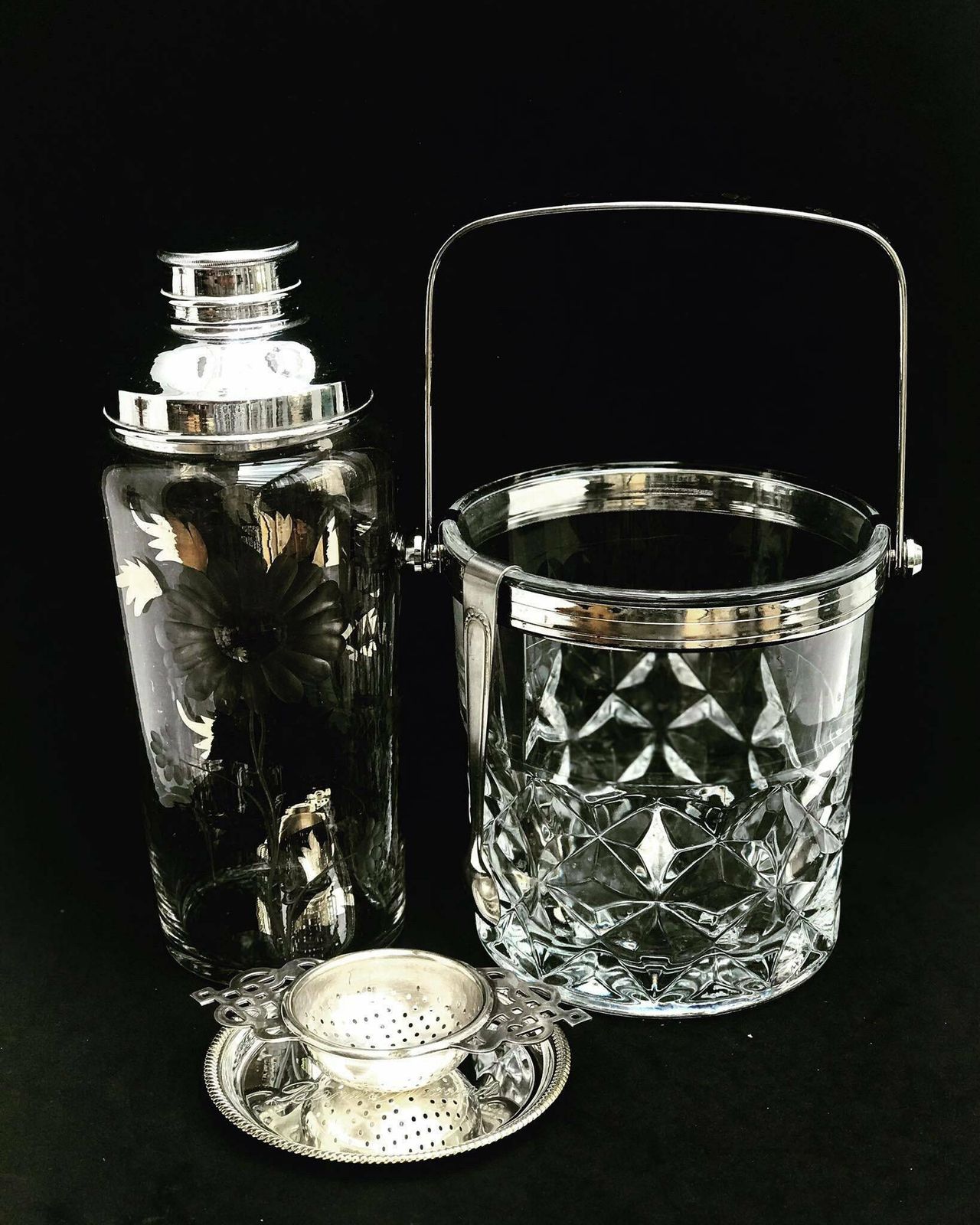 Bar Set Cocktail Shaker Ice Bucket Strainer Vintage 60s Mixology Tools Gift For Him Bar Cart Styling Mixology Gift photo furniture