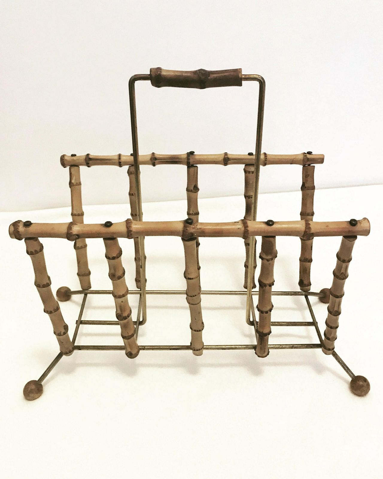 Magazine Rack Holder Bamboo Vintage 60s French Boho Chic Sputnik Atomic Era Newspaper Stand Rattan Mid Century Home Decor Bohemian Tiki Gift photo furniture