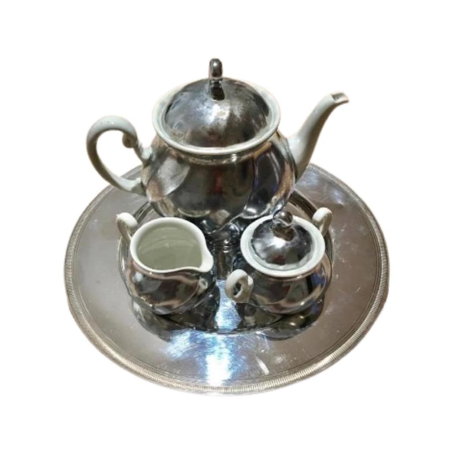 Tea Set Or Coffee Set Of 3 Pieces, Teapot, Sugar Bowl And Creamer, Milk Pot Of The Iconic Belgian House Demeyere. Vintage Belgium 1970s