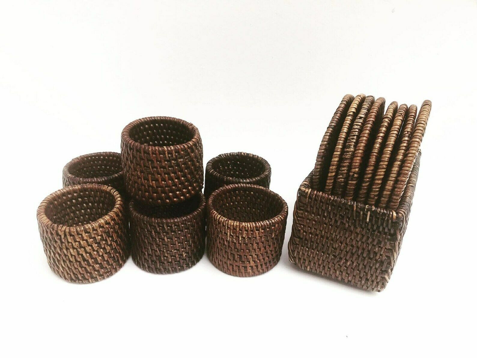 Rotan Vintage Gevlochten Set – 7 Servetringen En 8 Onderzetters – Boho Chic Tafeldecoratie, Bohemian Stijl, Tuin, Rustieke Keuken