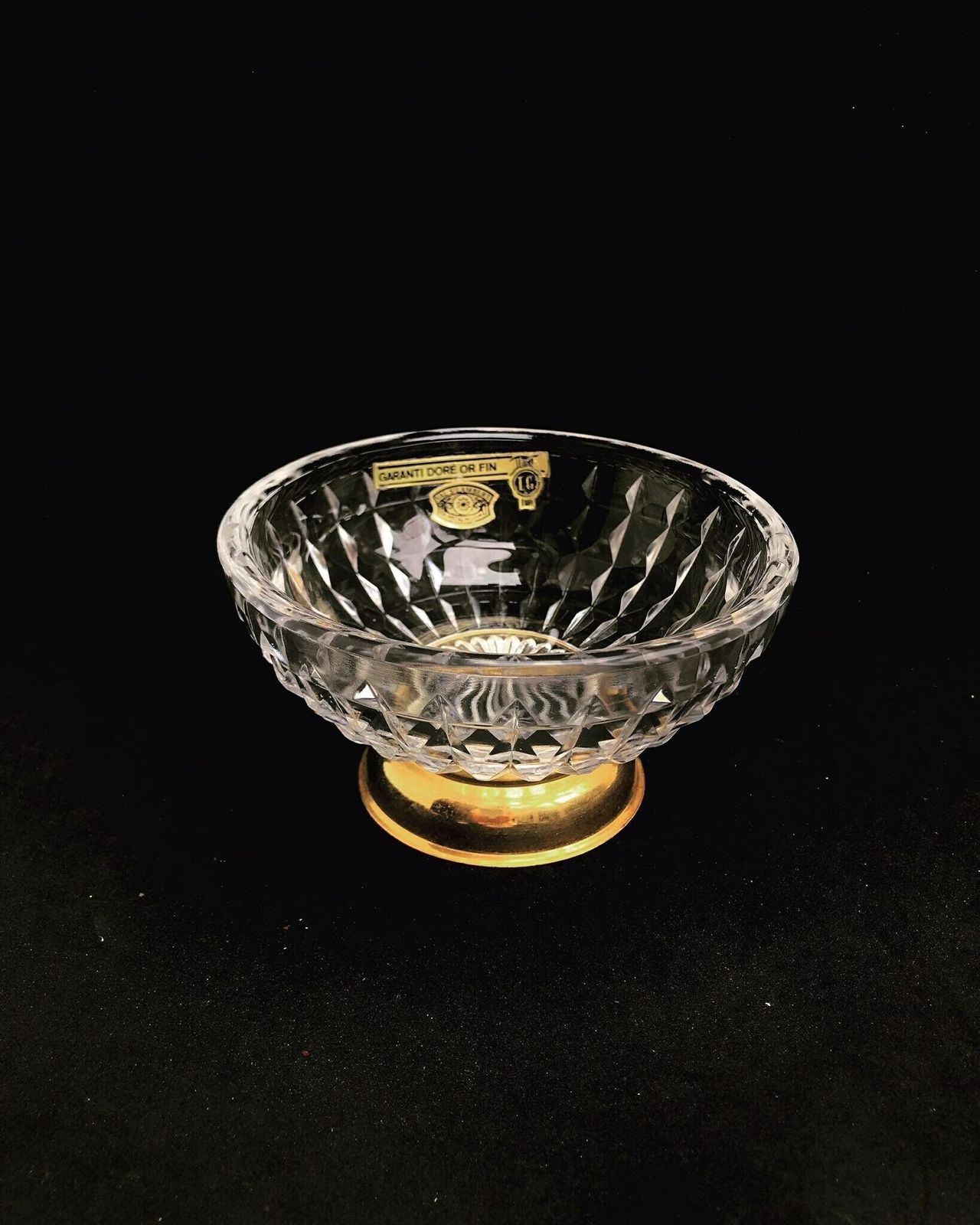 Val Saint Lambert Bowl Gilt Cut Glass Centerpiece Appetizers Decorative Footed Crystal Compote Gold Plated Coin Dish Catch All Gift