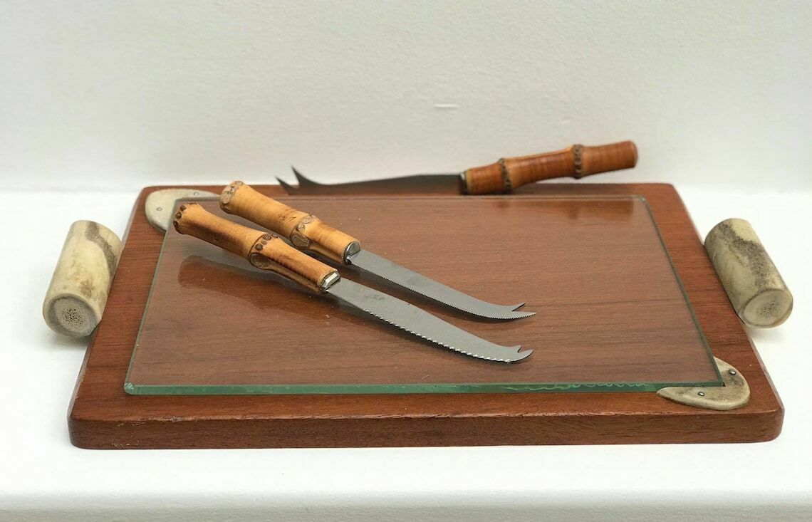 Wooden Glass Bamboo Serving Tray Cheese Charcuterie Appetizers Vintage Platter Appetizer Serving Tray Cheese Lover Photography Props Knife photo vinterior