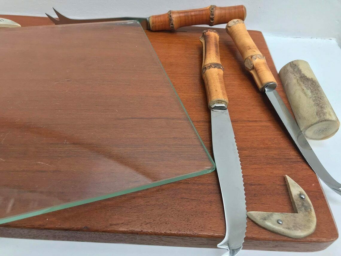 photo for sale Wooden Glass Bamboo Serving Tray Cheese Charcuterie Appetizers Vintage Platter Appetizer Serving Tray Cheese Lover Photography Props Knife