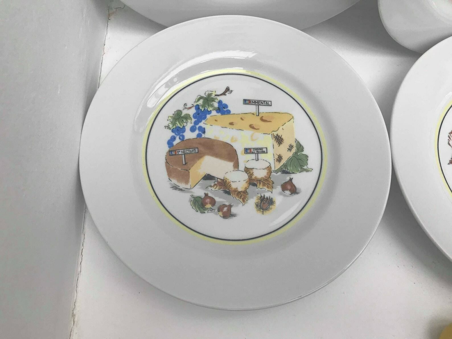 Cheese Plates Set 6 With Butter Or Cheese Knives By Laura Lys Made In France, French Pottery Transfert Cheese Illustration Wedding Gift photo 140.0