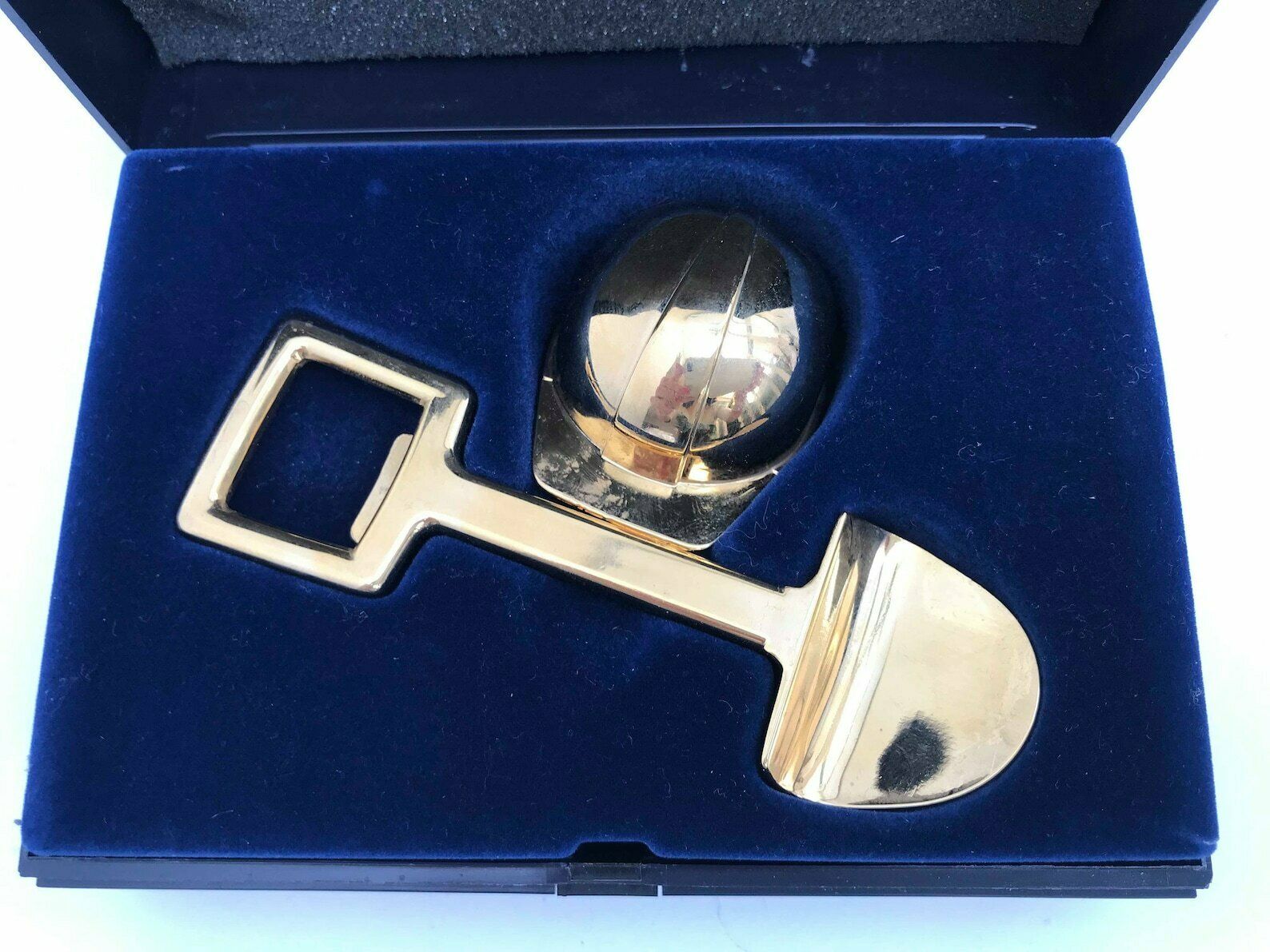 Golden Bar Set Bottle Opener Bottle Stopper Gift Graduation Architect Gift Builder Shovel Helmet Shape Business Gift Made In Norway Boxed photo for sale