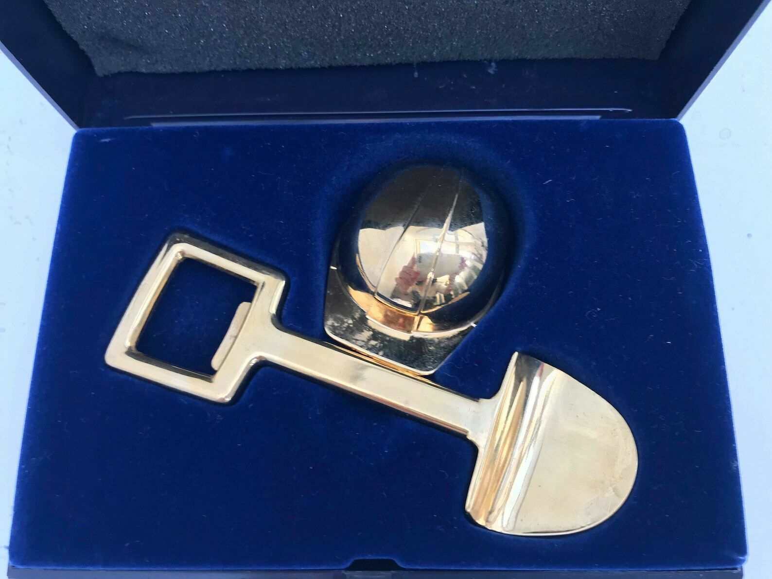 photo for sale Golden Bar Set Bottle Opener Bottle Stopper Gift Graduation Architect Gift Builder Shovel Helmet Shape Business Gift Made In Norway Boxed