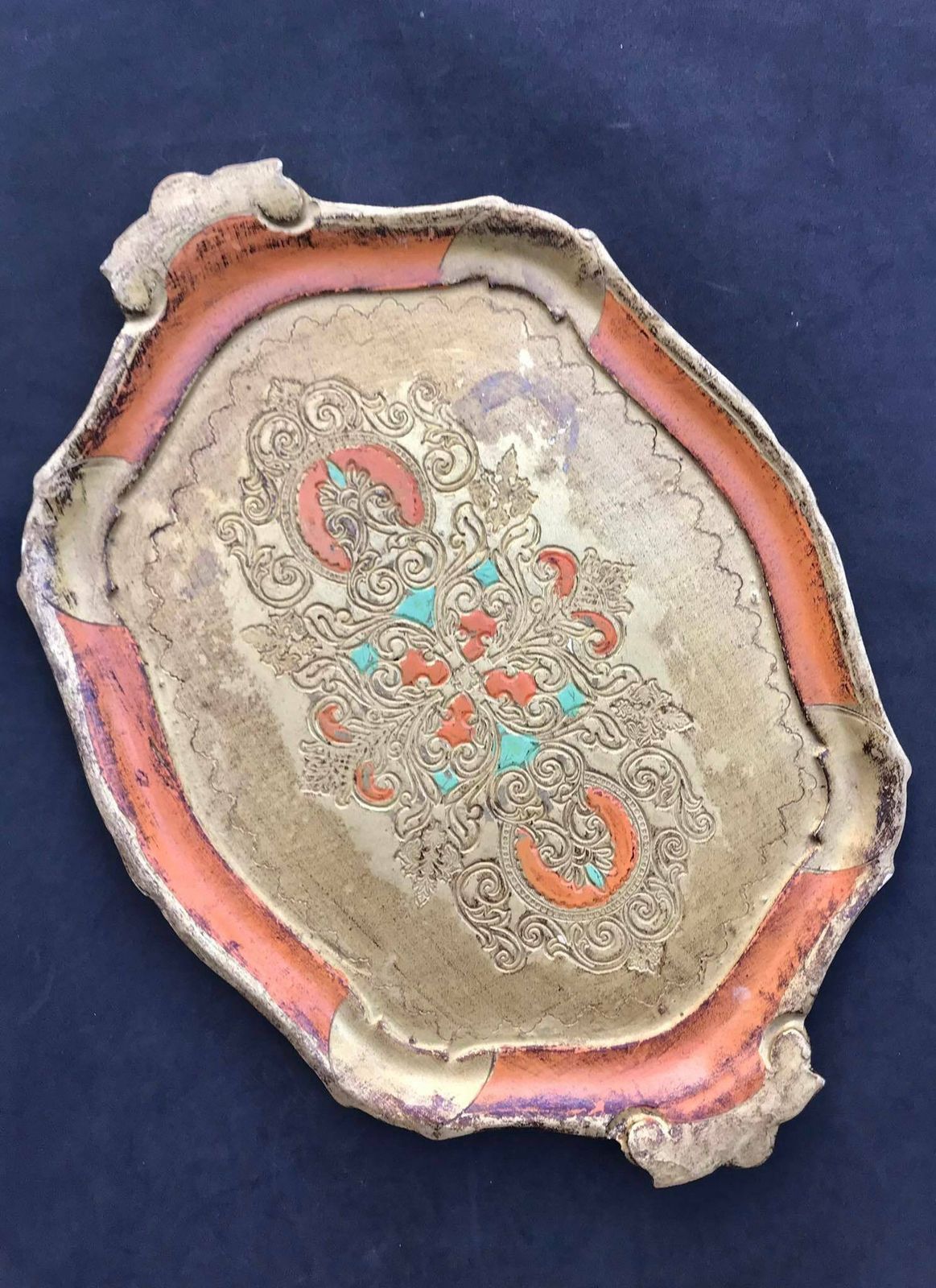 Florentine Golden Rectangular Tray, Orange And Gilt Old Italian Plateau, 60s Tray In Florentine Style. Handmade Decorated Painted