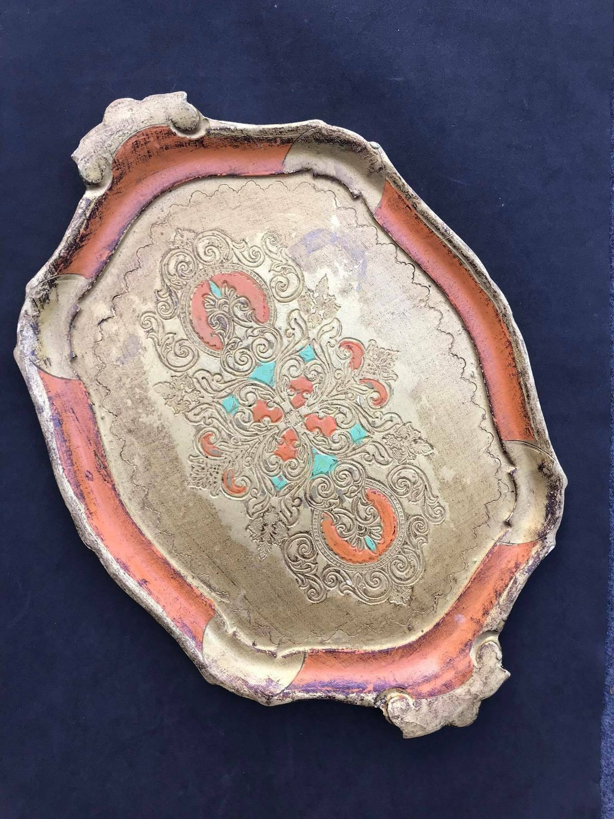 Florentine Golden Rectangular Tray, Orange And Gilt Old Italian Plateau, 60s Tray In Florentine Style. Handmade Decorated Painted photo furniture