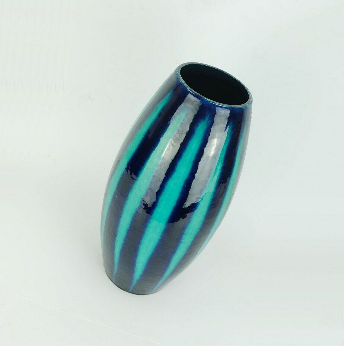 Scheurich Europ Line Mid Century Vase Model 248 38 With Stripe Pattern In Blue And Emerald Green photo Home Decor