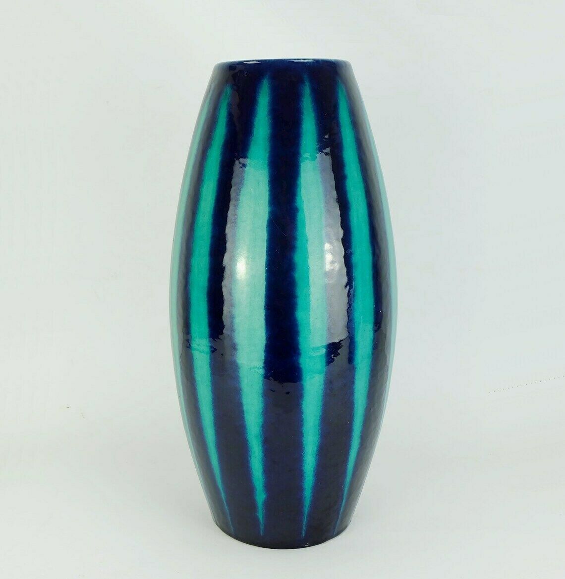 Scheurich Europ Line Mid Century Vase Model 248 38 With Stripe Pattern In Blue And Emerald Green photo vinterior