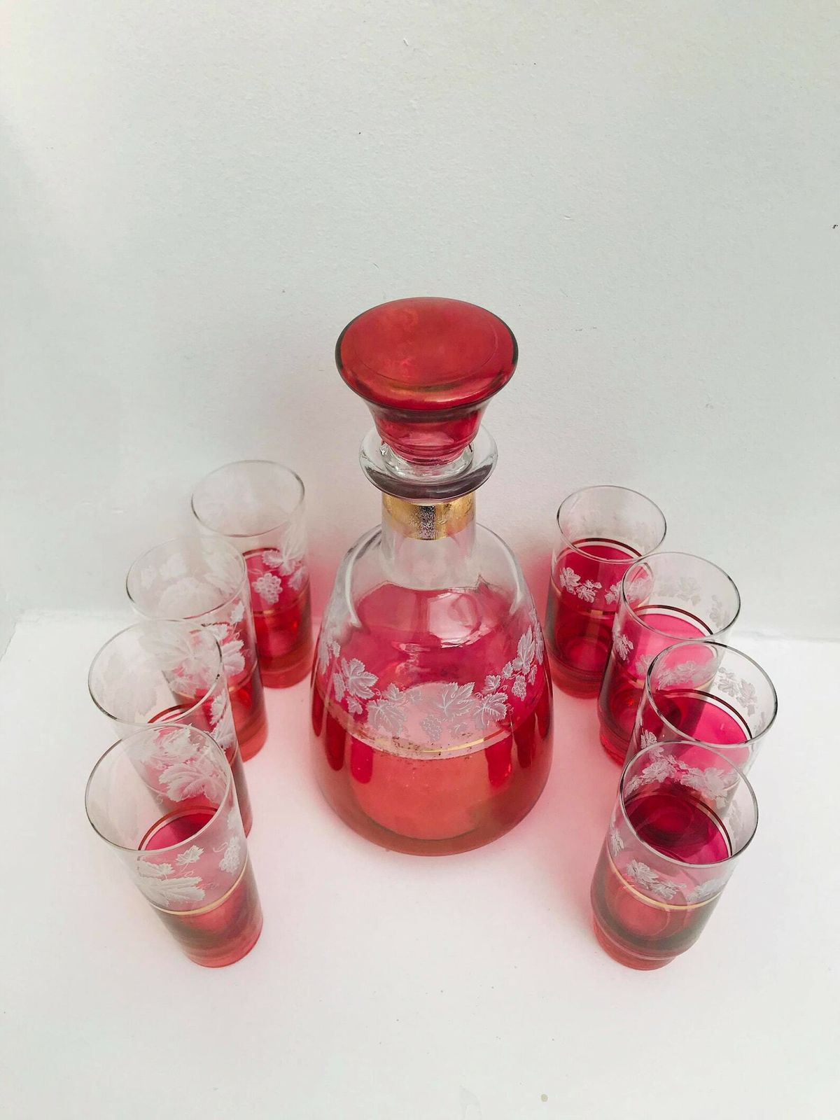 Decanter Set Cranberry Ruby Red 8 Liquor Glasses And Decanter Bottle Etched With Gold Rim Mid Century Vintage Tumbler Set Wedding Gift photo for sale