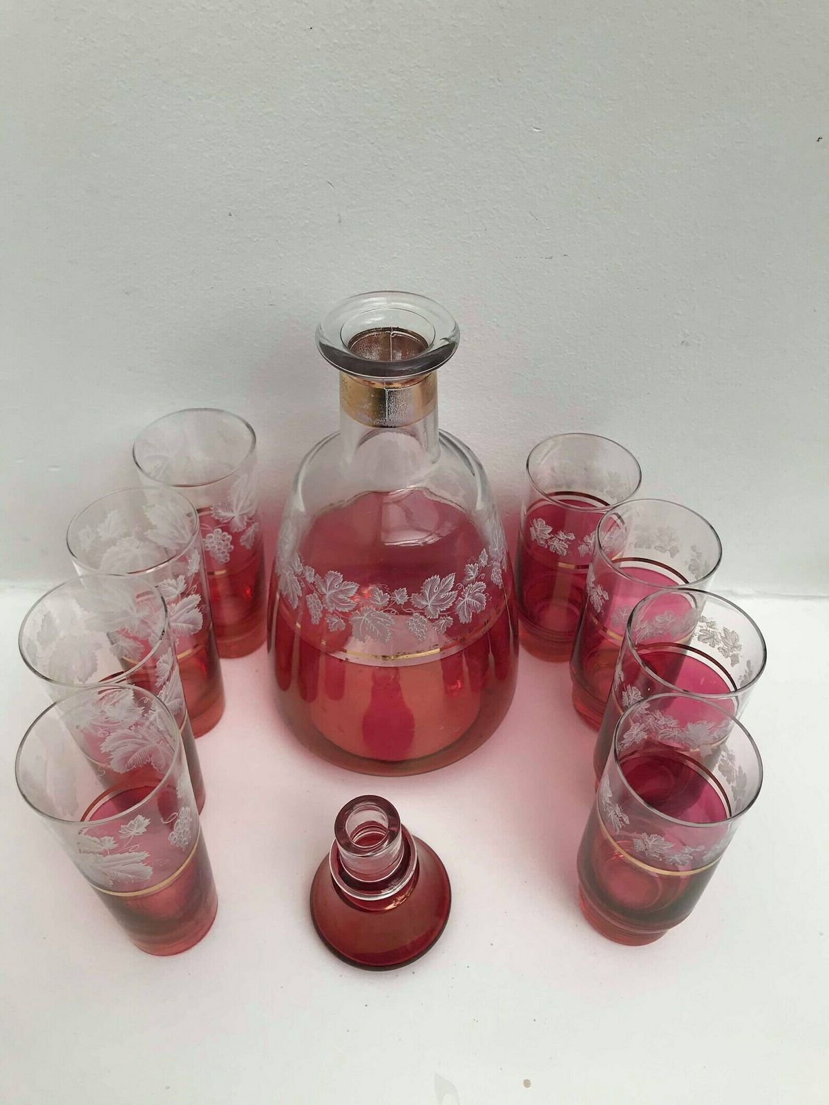 Decanter Set Cranberry Ruby Red 8 Liquor Glasses And Decanter Bottle Etched With Gold Rim Mid Century Vintage Tumbler Set Wedding Gift photo buy