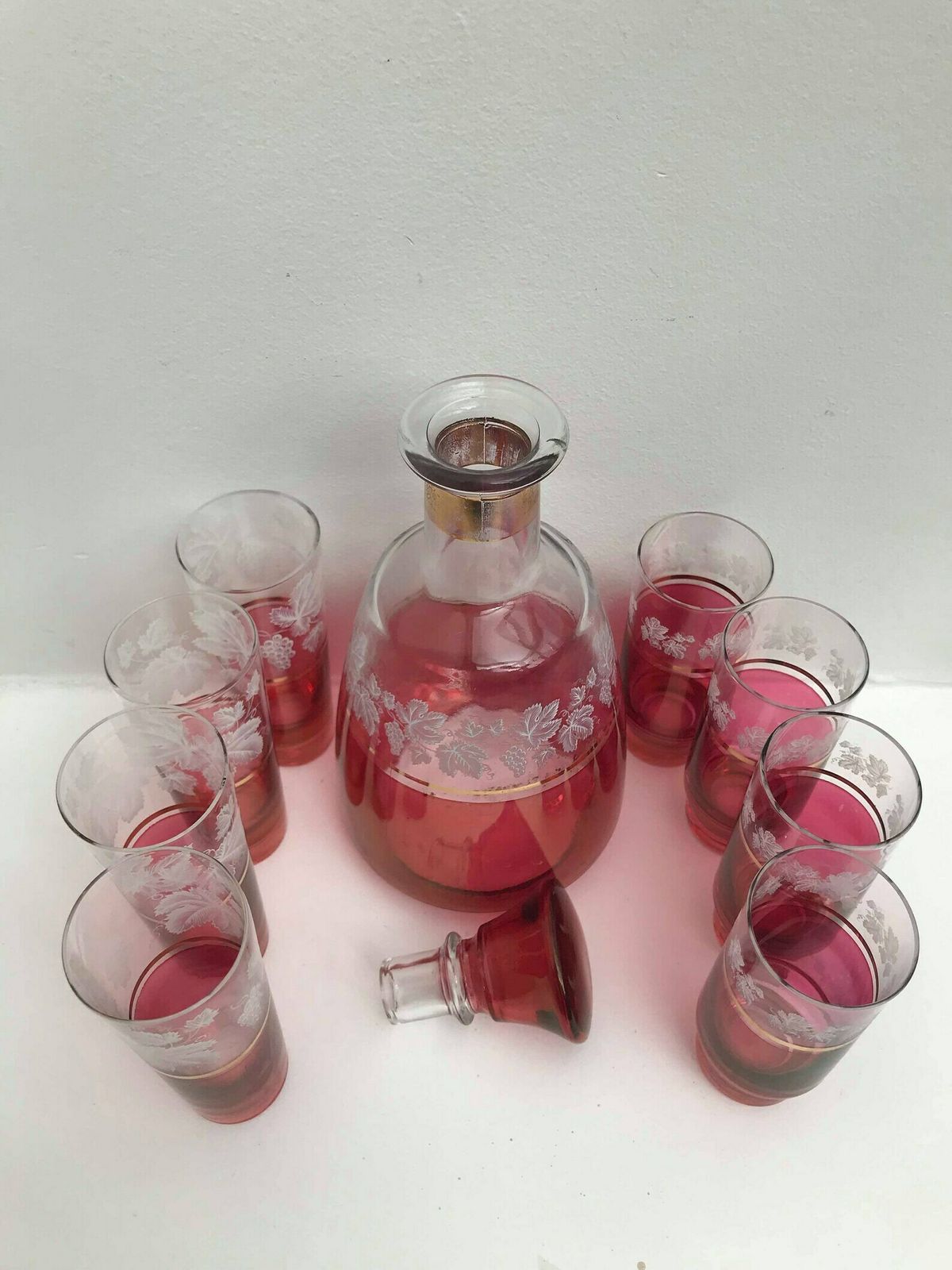photo for sale Decanter Set Cranberry Ruby Red 8 Liquor Glasses And Decanter Bottle Etched With Gold Rim Mid Century Vintage Tumbler Set Wedding Gift