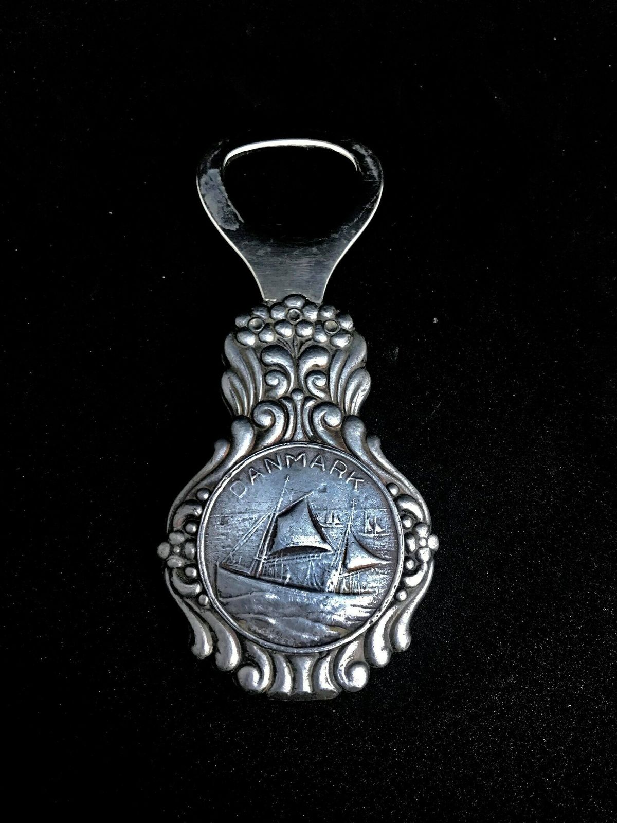 Pewter Bottle Opener Collectible Danish Sailing Ship Marked Denmark Souvenir 1930s Art Deco Danish Bar Accessories Viking Gift Bar Tools photo vintage