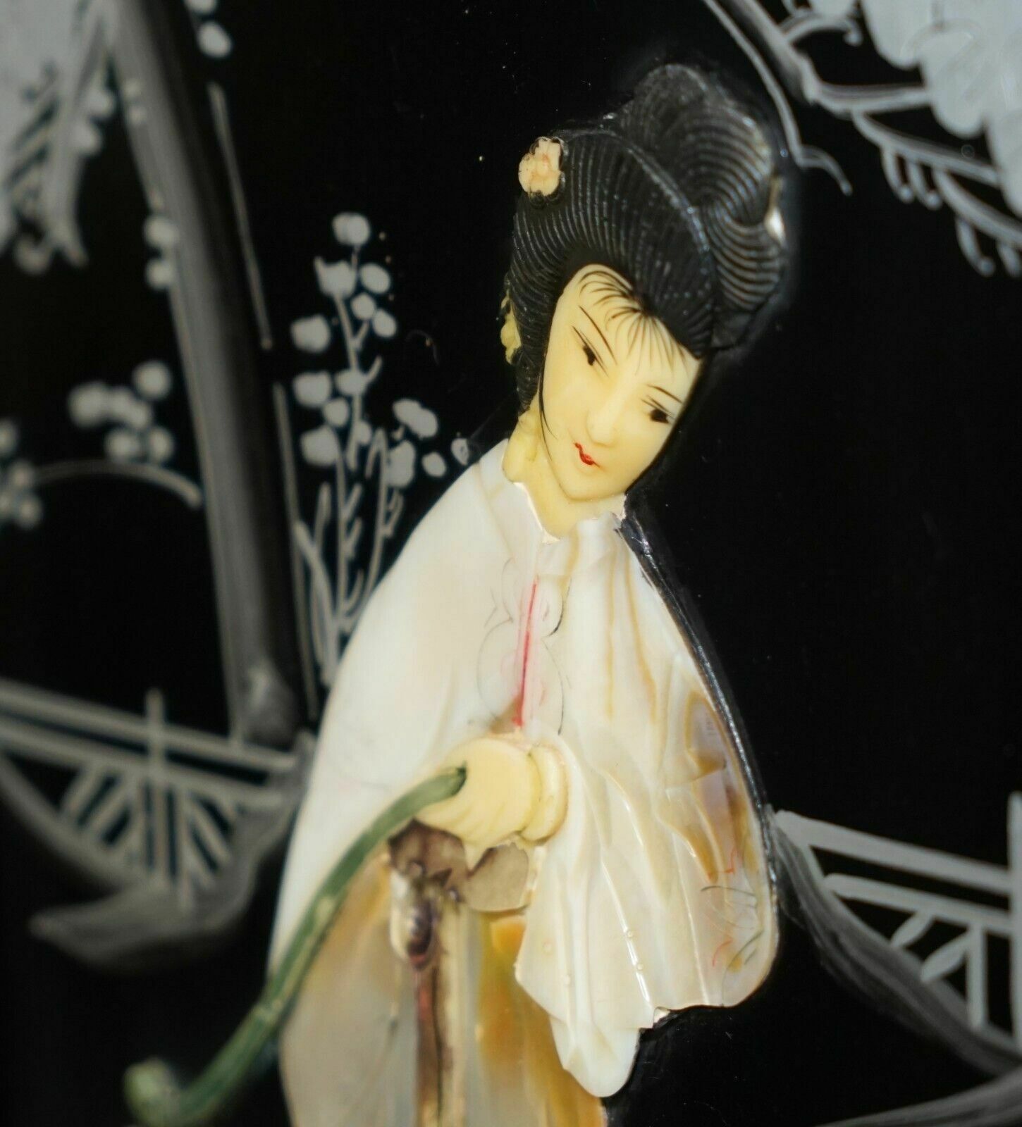 photo for sale Pair Of Stunning Vintage Soapstone & Mother Of Pearl Geisha Girl Wall Panels