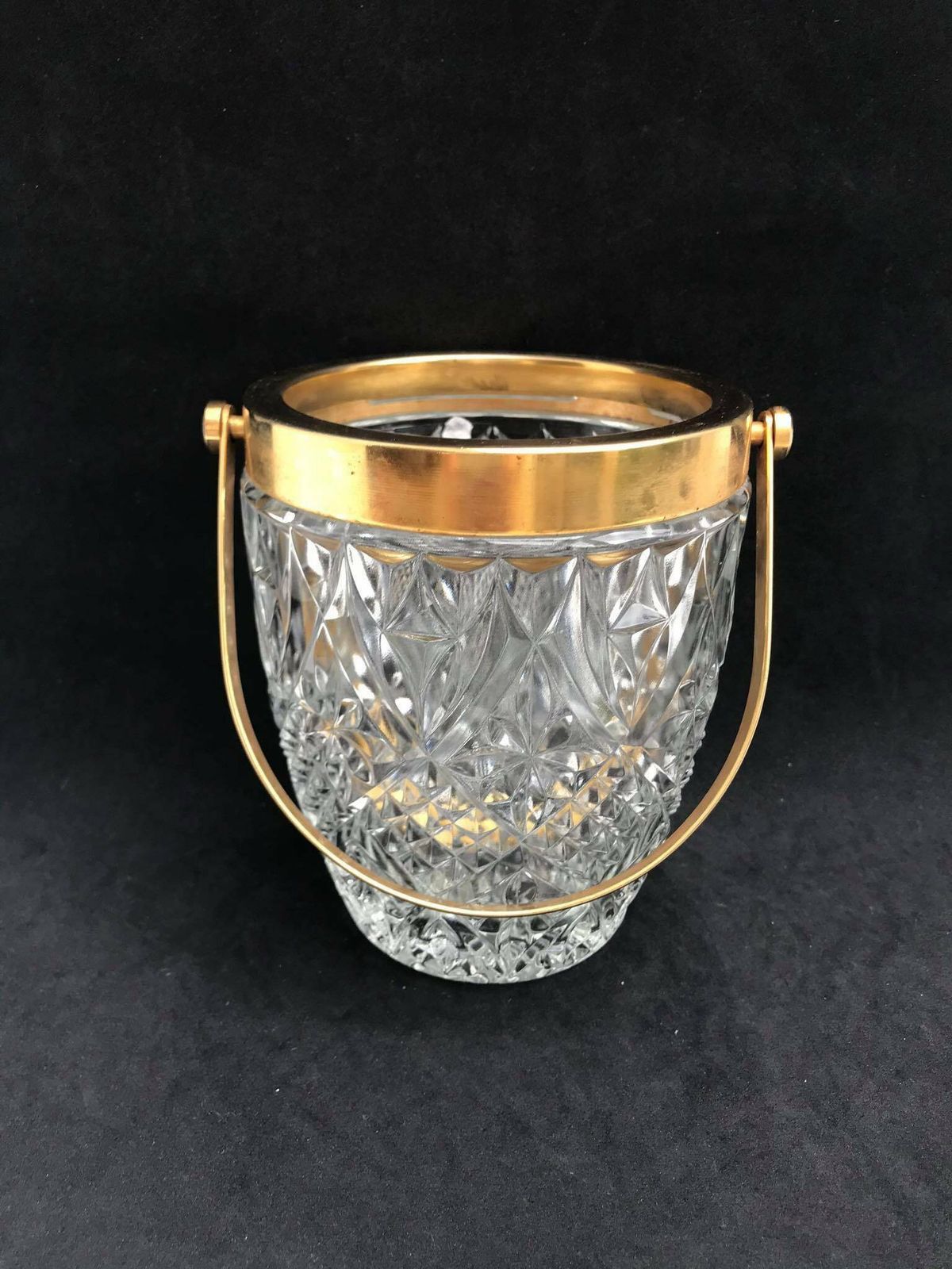 Ice Bucket Heavy Cut Crystal French With Golden Metal Handles Mid Century Barware Mixology Tools Bar Cart Hollywood Regency Man Cave Gift