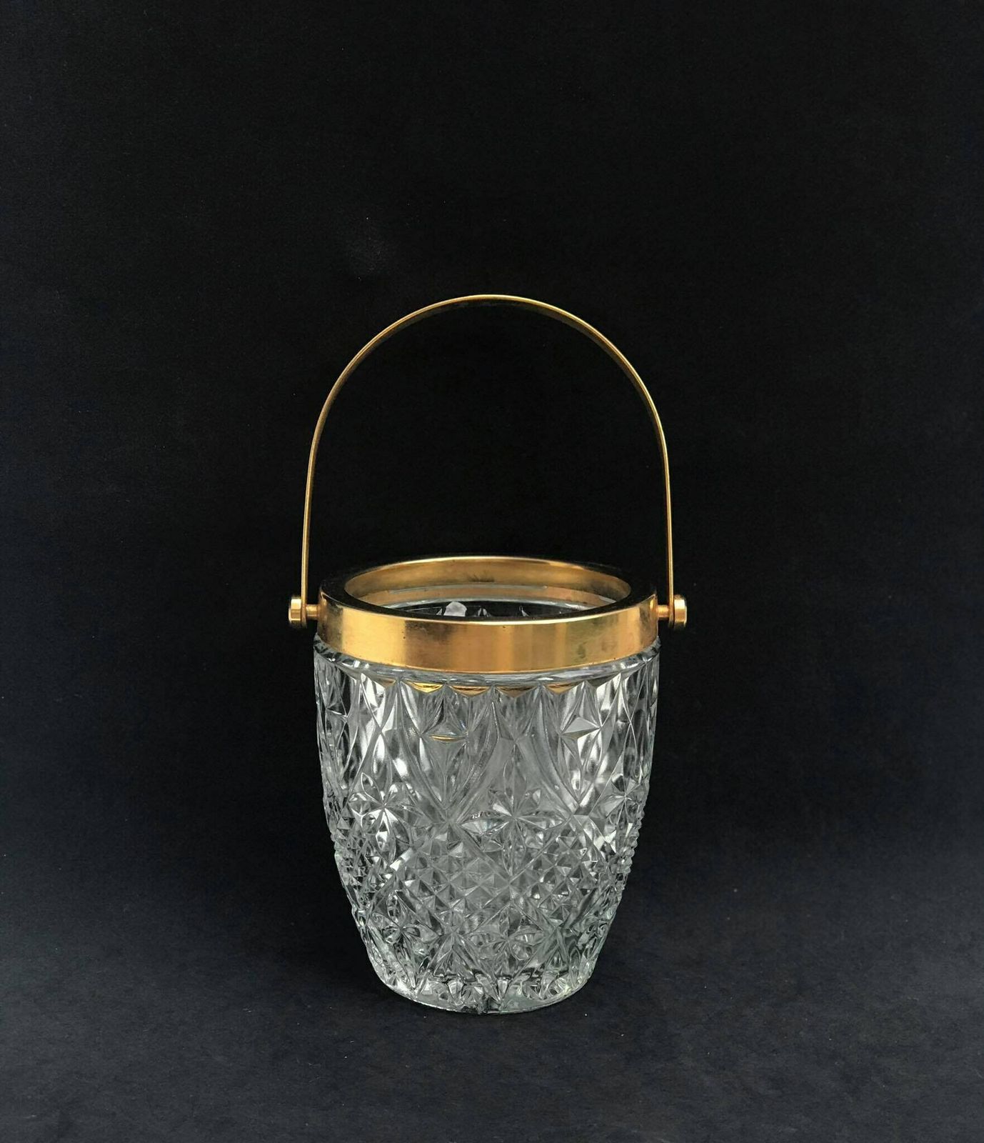 photo for sale Ice Bucket Heavy Cut Crystal French With Golden Metal Handles Mid Century Barware Mixology Tools Bar Cart Hollywood Regency Man Cave Gift