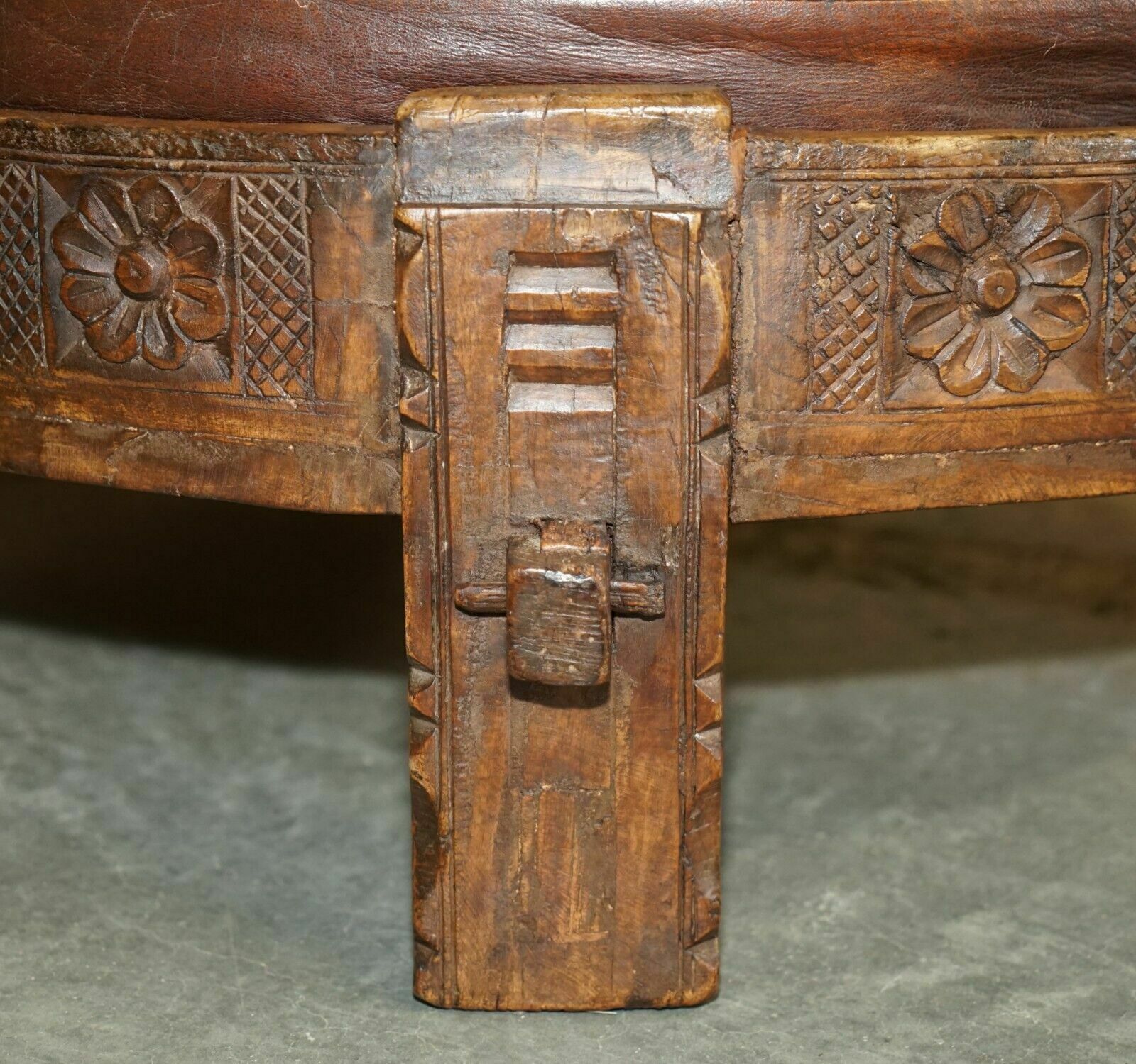 Antique Circa 1850 Hand Carved Brown Leather Olive Press Coverted To Footstool photo Furniture