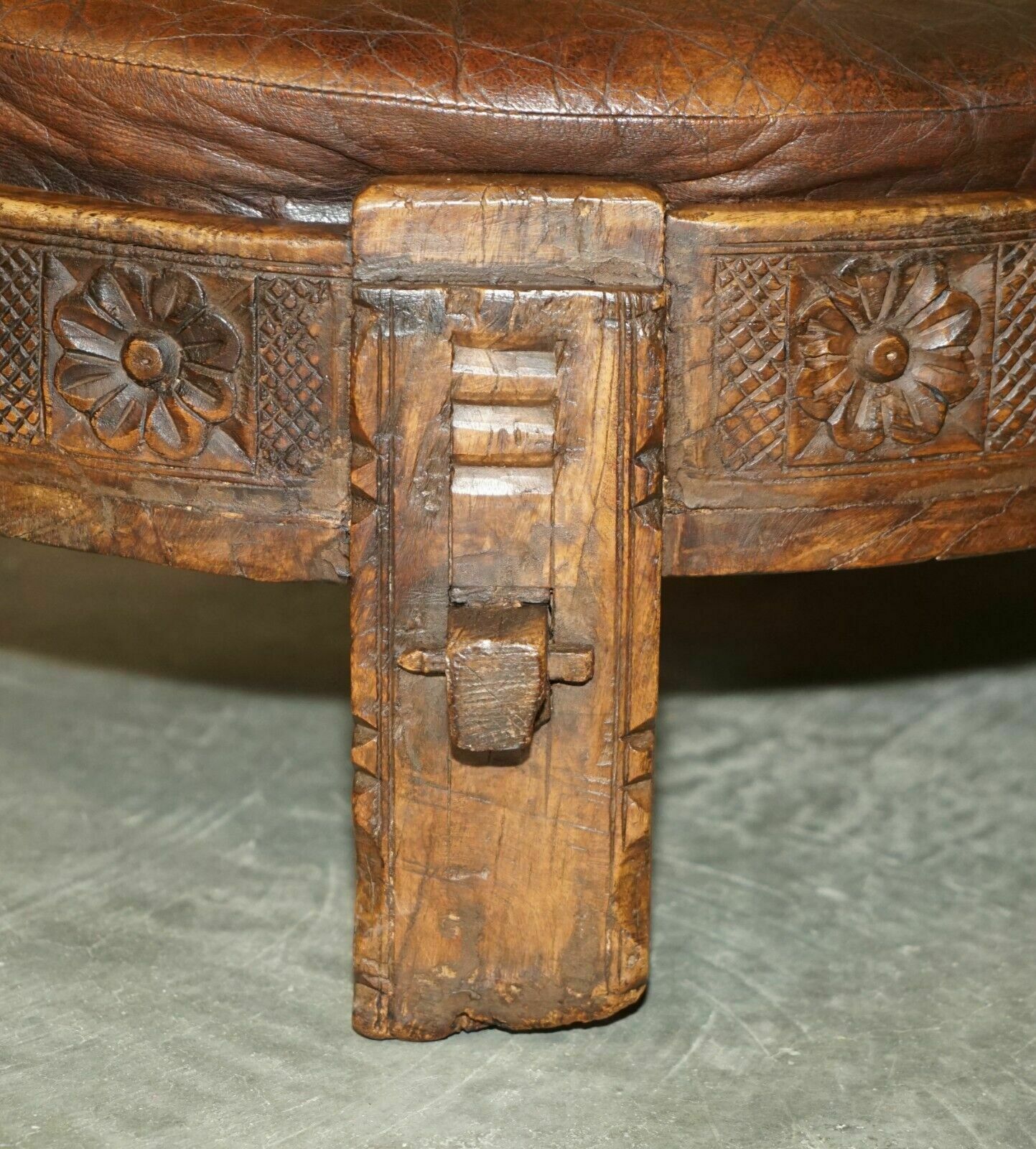 Antique Circa 1850 Hand Carved Brown Leather Olive Press Coverted To Footstool photo buy