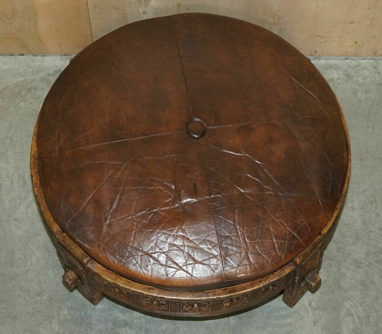 Antique Circa 1850 Hand Carved Brown Leather Olive Press Coverted To Footstool photo vintage