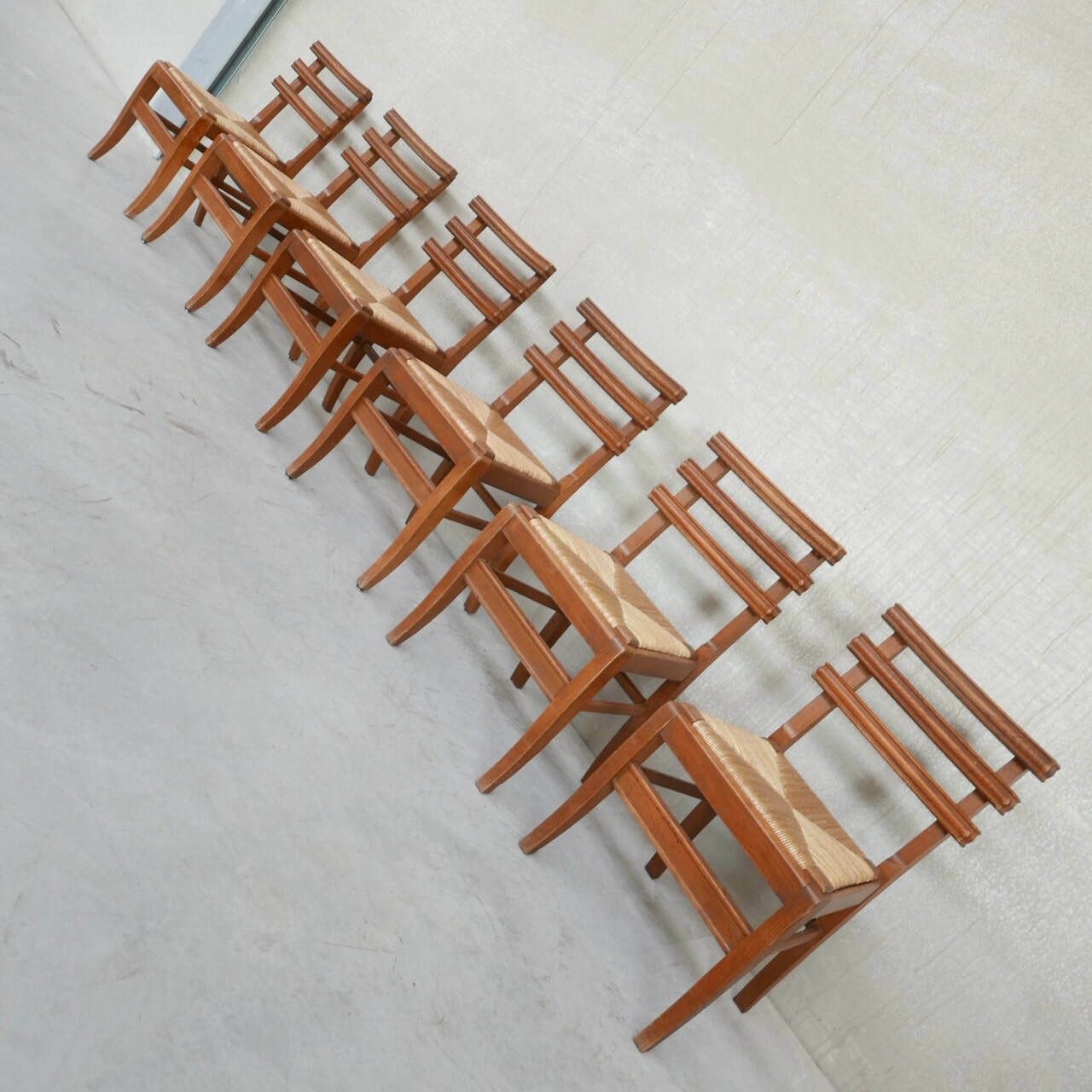 Set Of Six Mid Century French Oak Dining Chairs (6) photo for sale