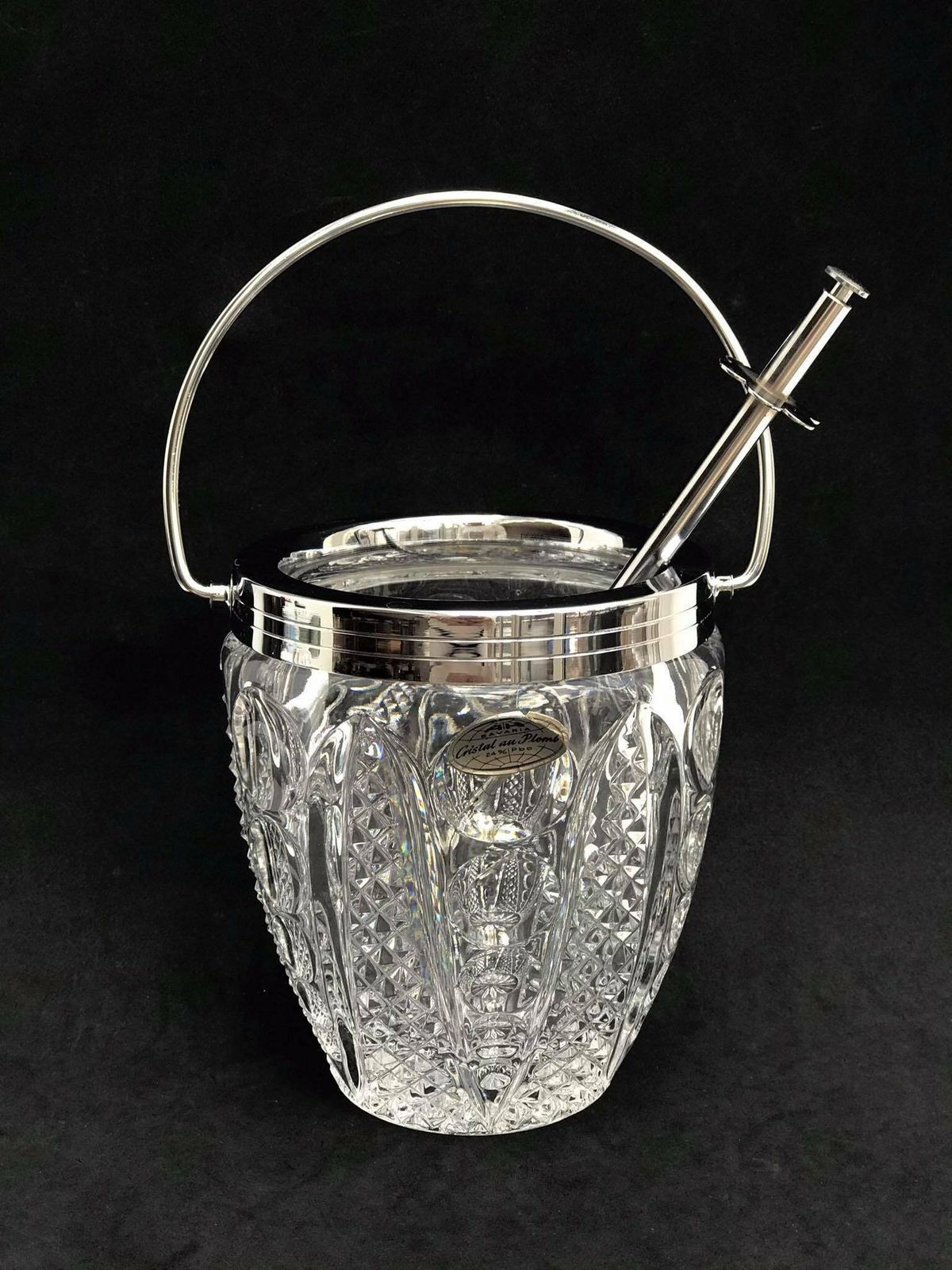 Crystal Ice Bucket, 50s Carved With Metal Vintage Accessoires Bar, Bar Cart Decor, Christmas Gift photo vintage