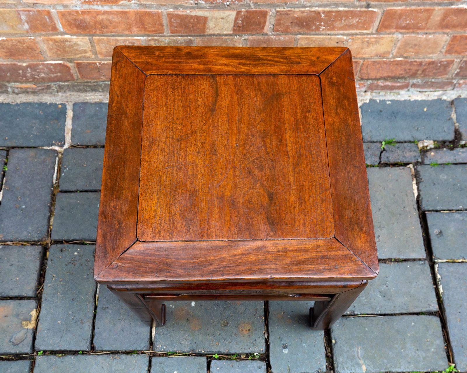 photo buy Antique Chinese Square Humpback Lamp Table Coffee Side Qing Dynasty 1900 Bat Carving Jumu Southern Elm Wood Infinity Knot