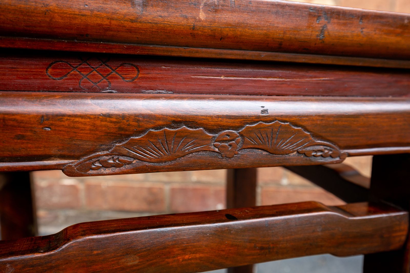 Antique Chinese Square Humpback Lamp Table Coffee Side Qing Dynasty 1900 Bat Carving Jumu Southern Elm Wood Infinity Knot photo furniture