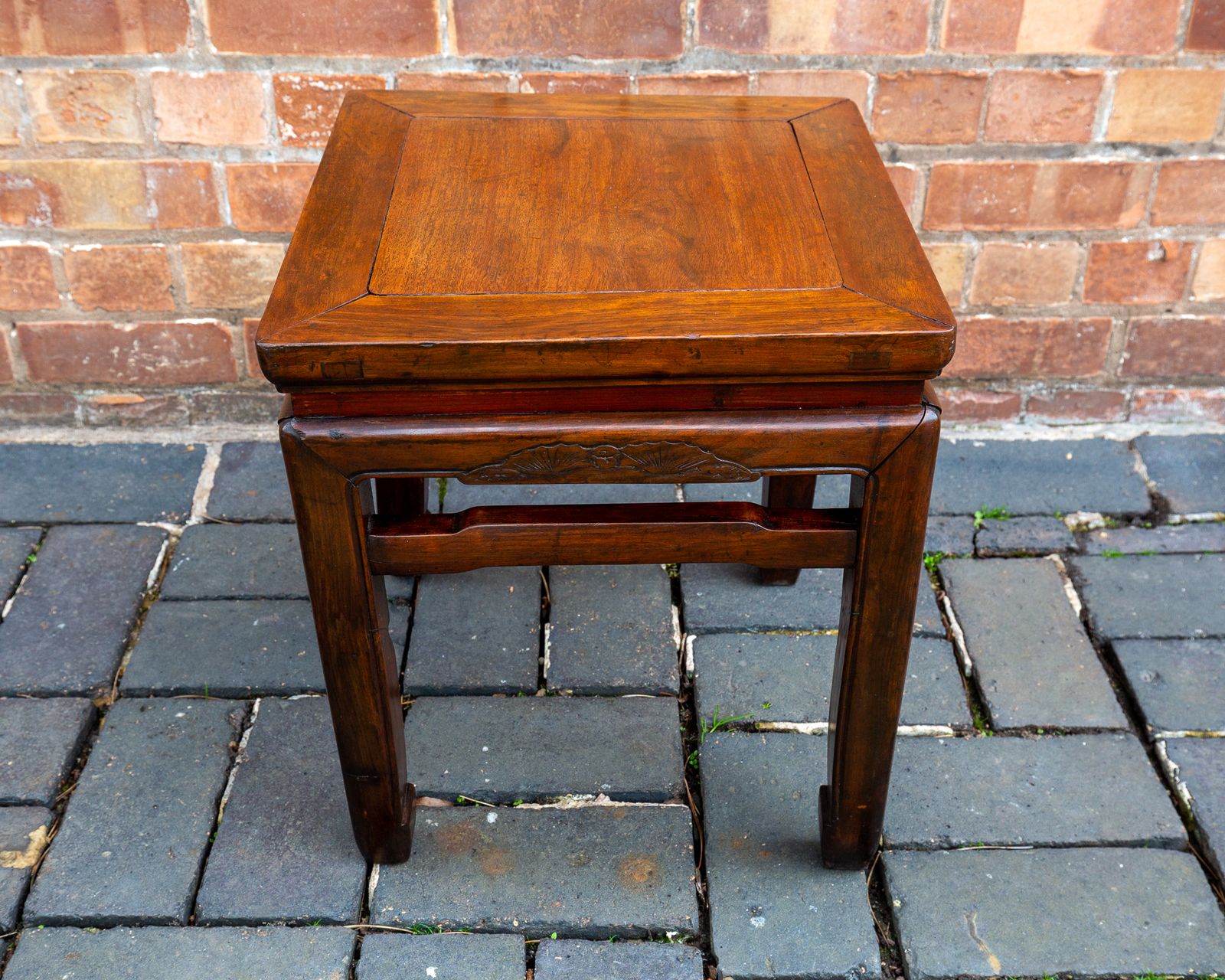 Antique Chinese Square Humpback Lamp Table Coffee Side Qing Dynasty 1900 Bat Carving Jumu Southern Elm Wood Infinity Knot photo vintage