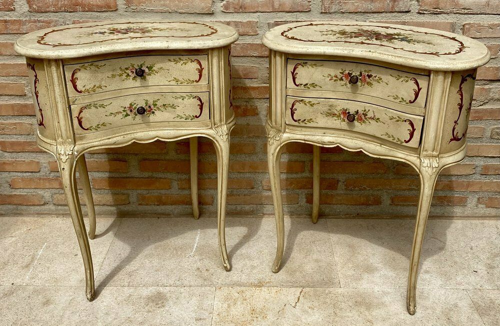 Two Drawers Painted In Light Beige Wood Kidney Nightstands, 1940s, Set Of 2 photo furniture