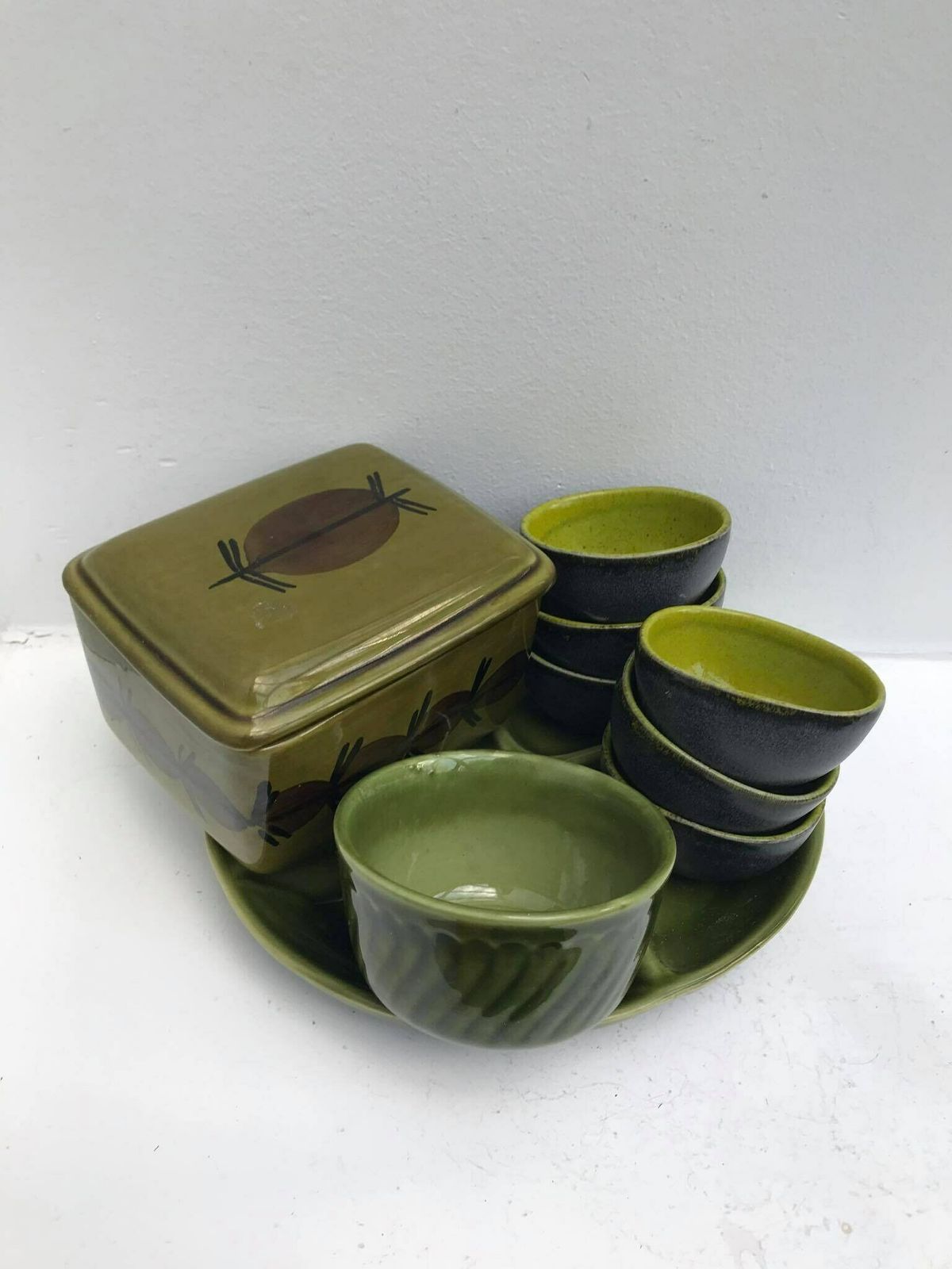 Green Pottery Boch Bowl Dinnerware Appetizer Set Belgium Trianon With Handles Dishes La Louviere Belgium Trianon Model Green Dinnerware photo for sale