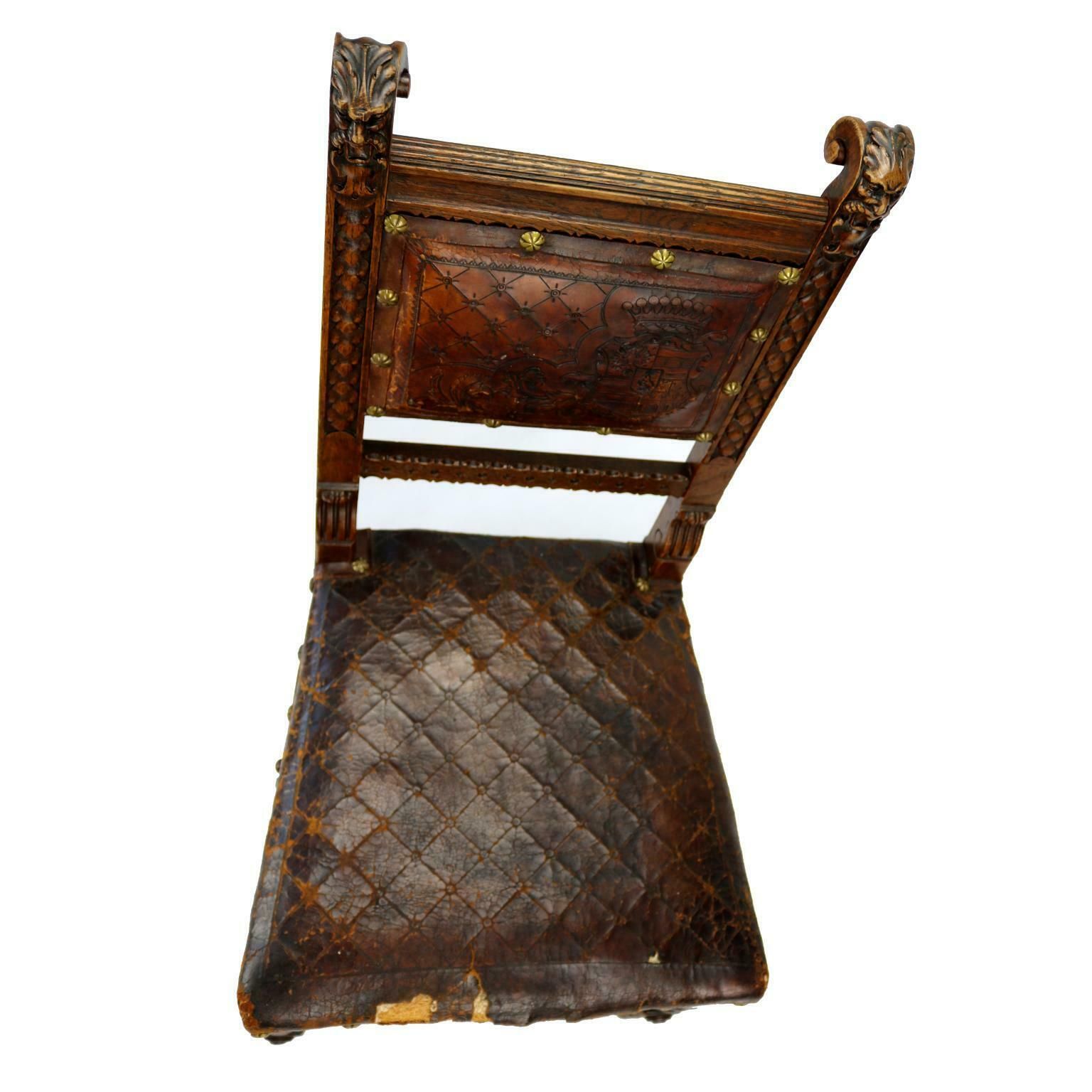 Reanaissance Revival Hand Carved Chair With Embossed Leather 19th Century photo for sale