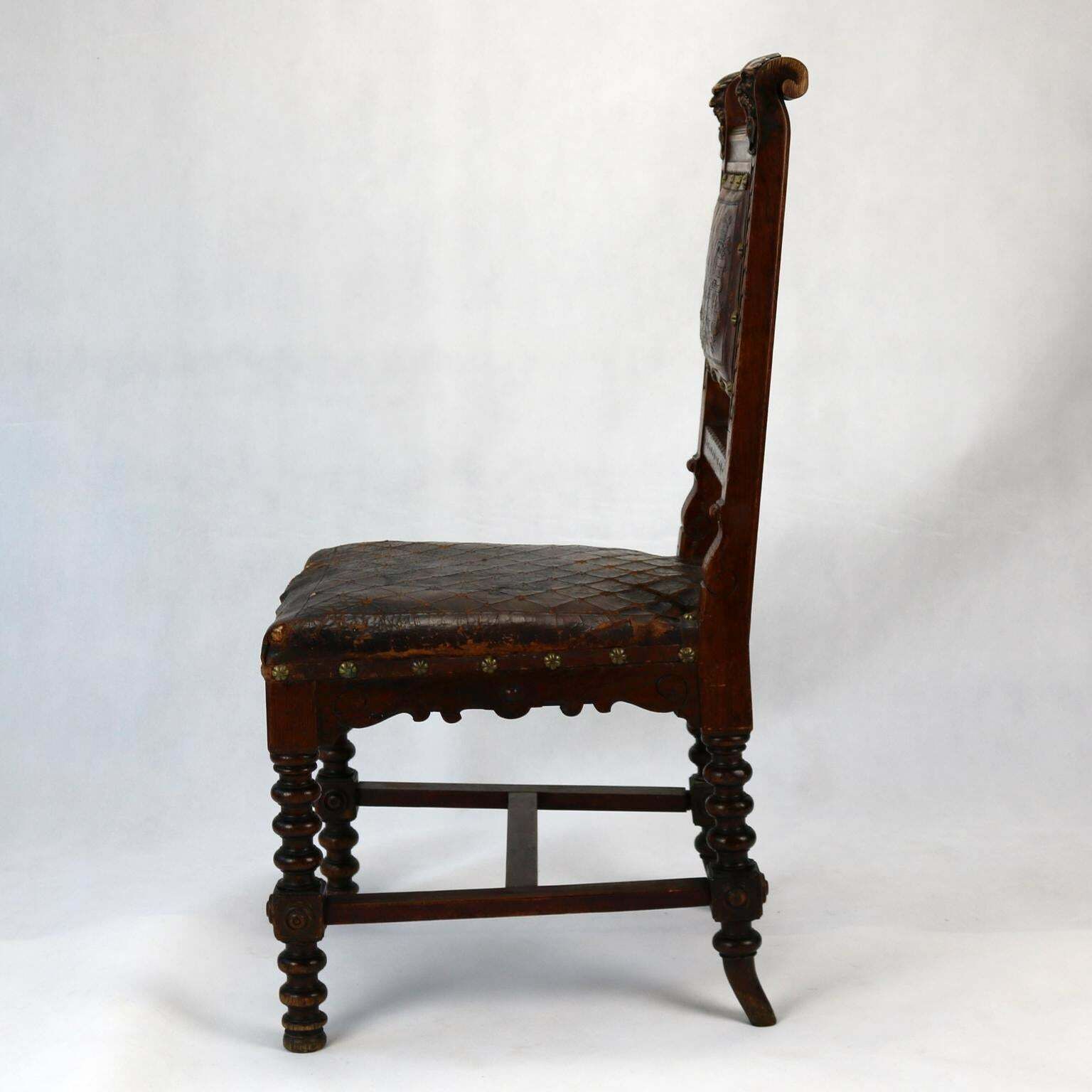 Reanaissance Revival Hand Carved Chair With Embossed Leather 19th Century photo Furniture